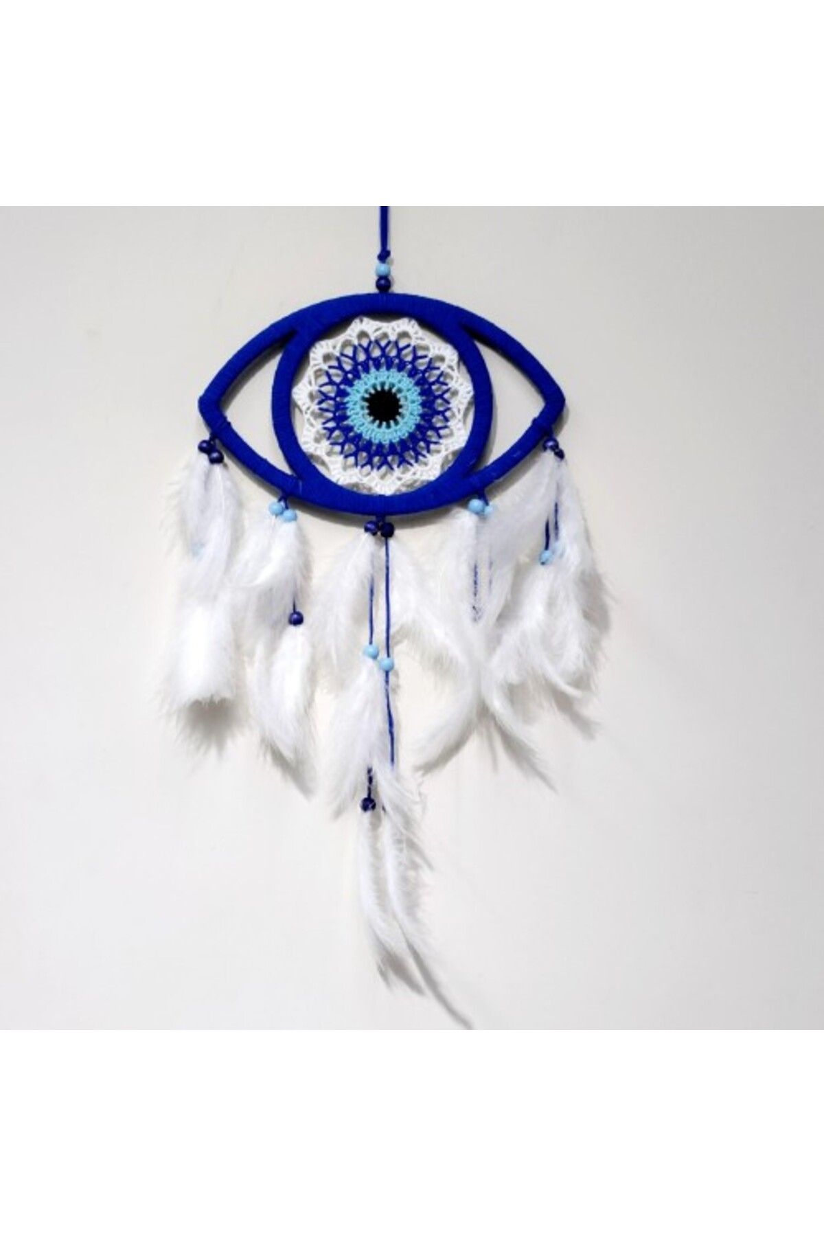 Shop58 Göz Model Nazar Boncuğu Motifli Kuş Tüylü El Yapımı Mavi Düş Kapanı Duvar Dekoru