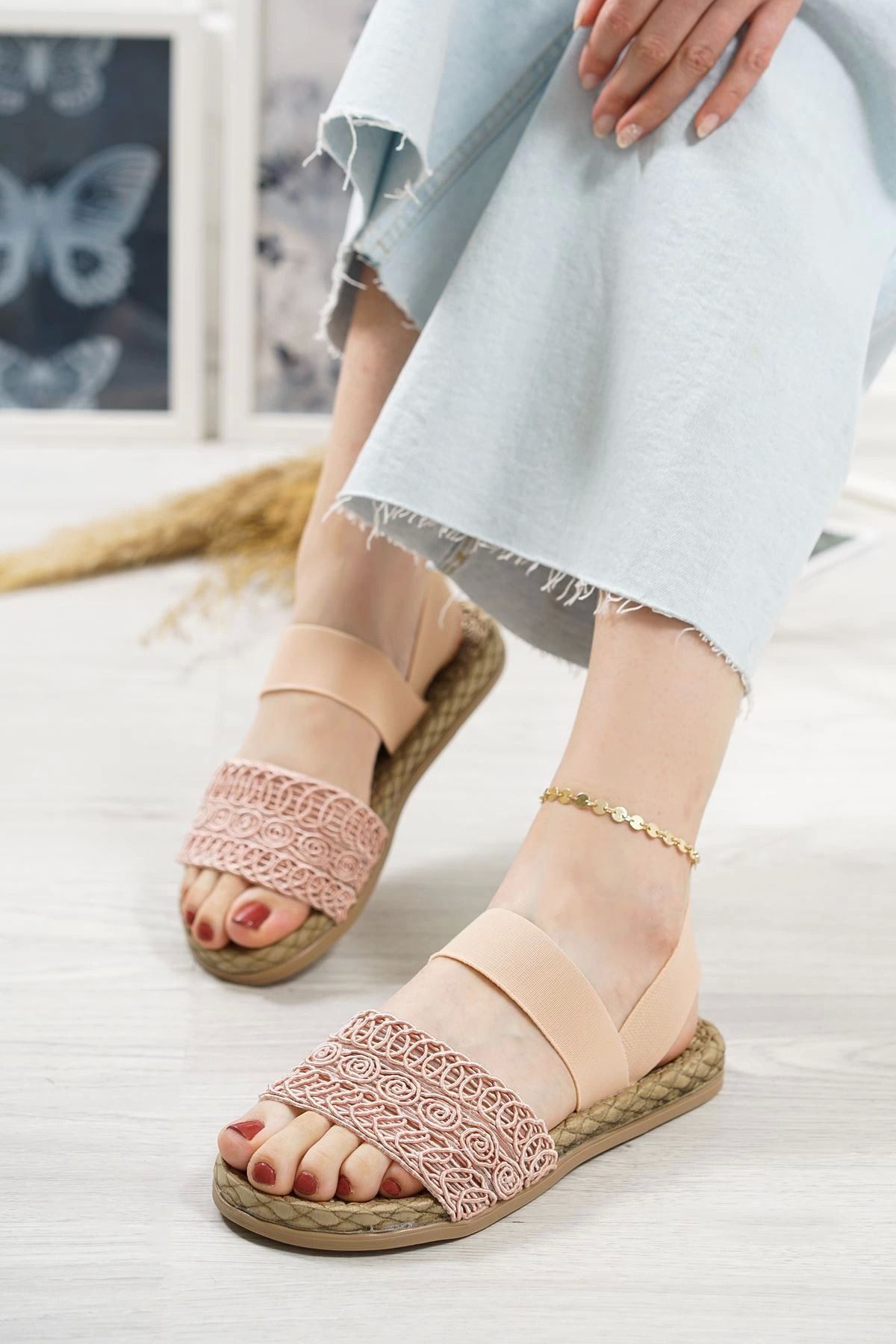 Shop58 Marri Pudra Dantel Lastikli Sandalet