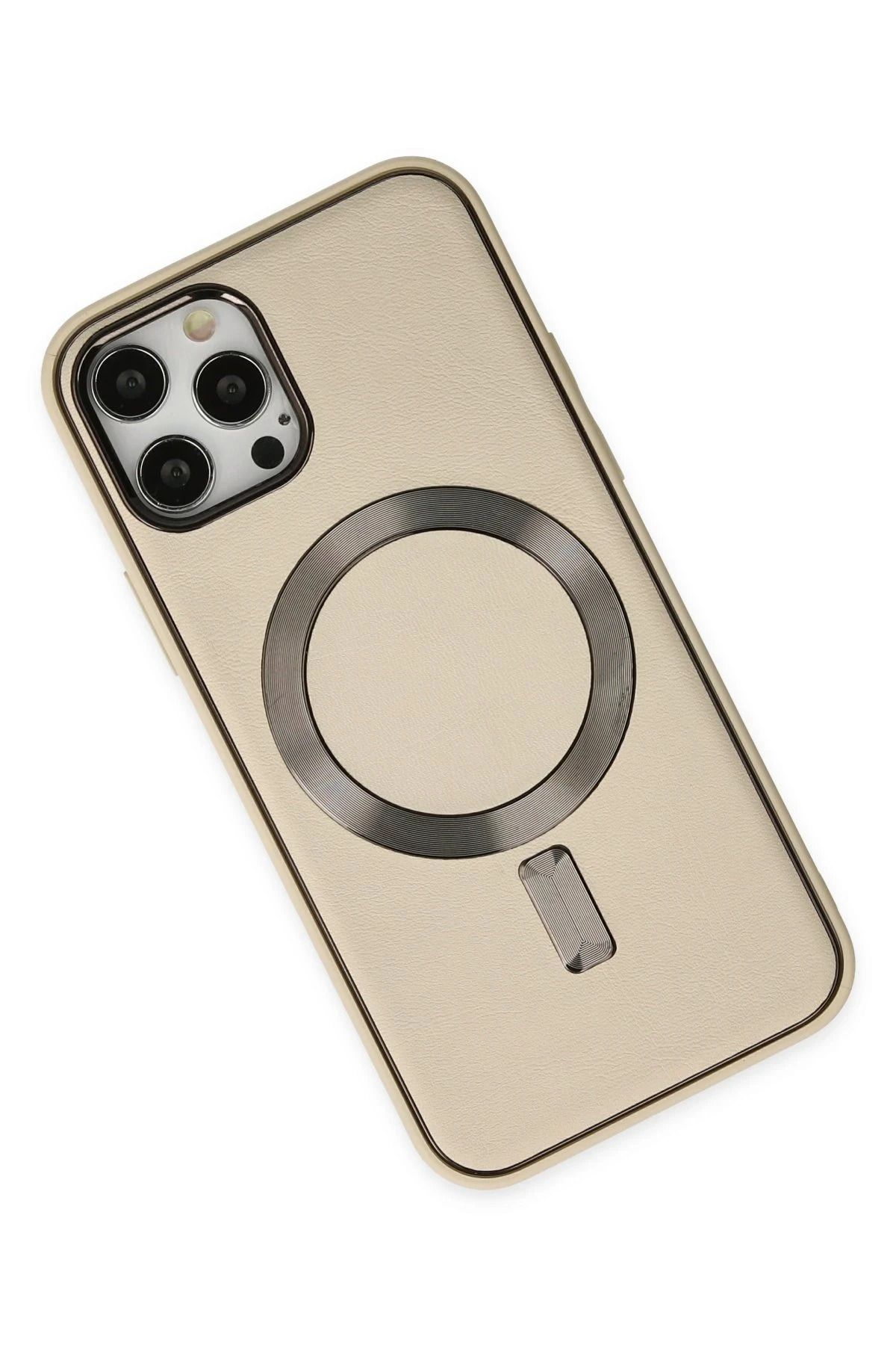 NewFace iPhone 12 Pro Max Kılıf Coco Deri Magneticsafe Silikon - Krem SVLRS