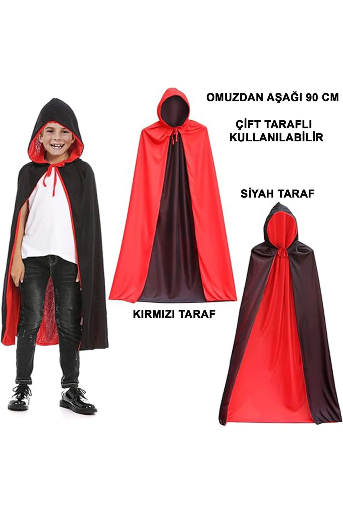Yeni Nesil Toptancı - YNT Çift Taraflı Kullanılabilir Siyah Kırmızı Yakalı Pelerin 90 Cm Çocuk
