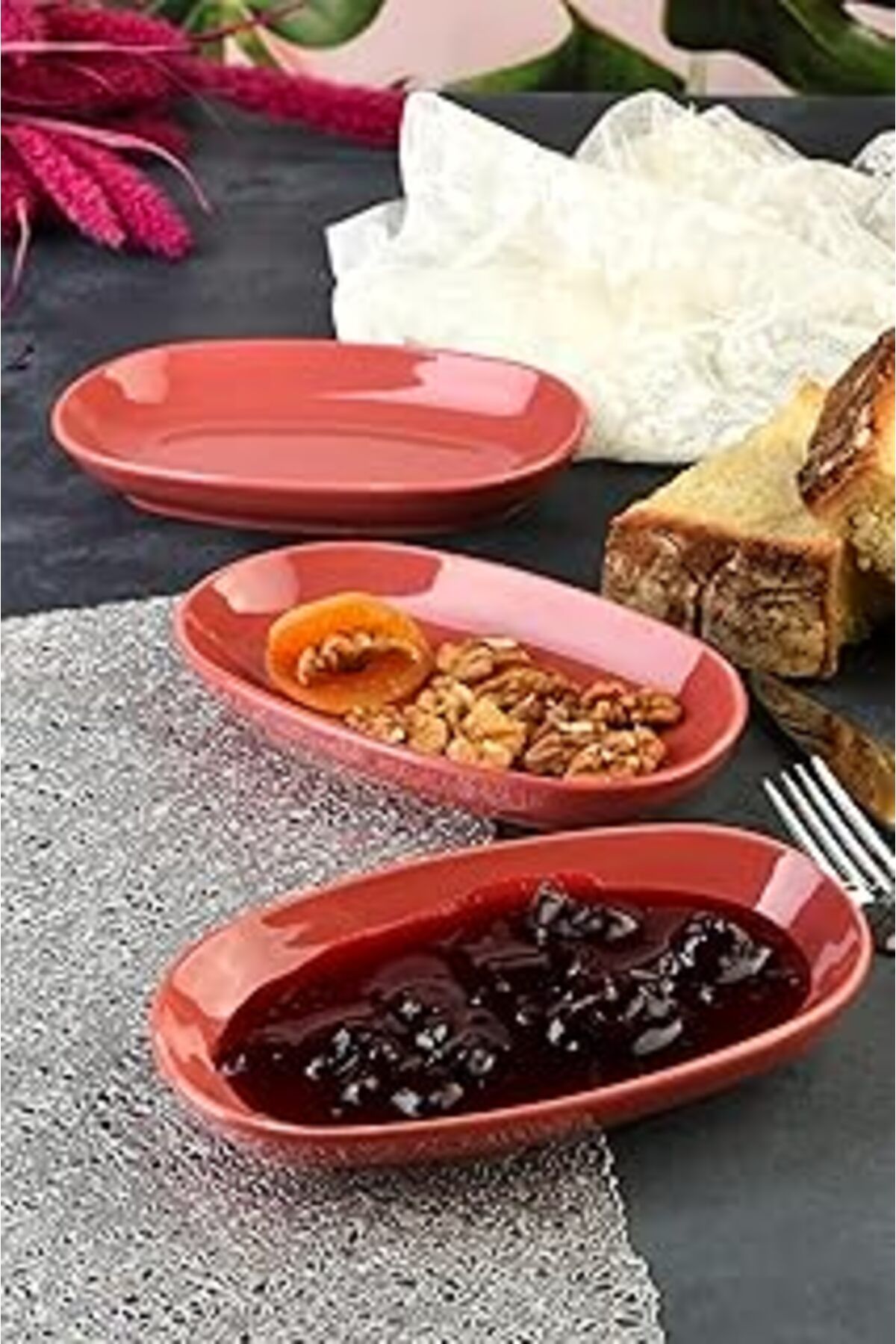 NZM TİCARET 6 Adet Porselen Yeni Trend Özgün Tasarım Özgün Fırın Boyama Çerez Sunum Ve Kahvaltı Seti (Bordo)