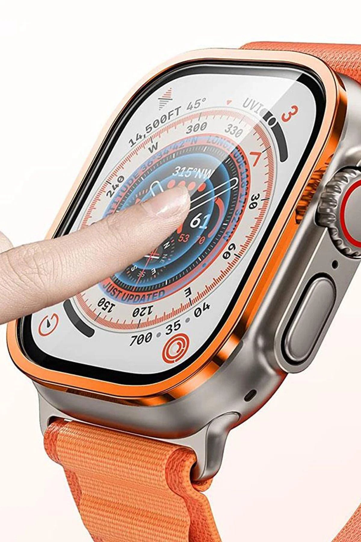 NewFace Apple Watch Ultra 49mm Alüminyum Kasa Cam Ekran Koruyucu - Turuncu SVLRS