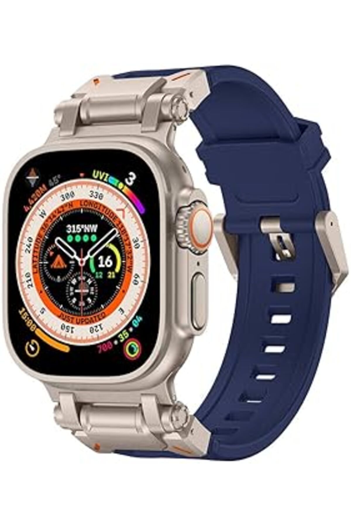Pazarcan Zore Apple İle Uyumlu Watch Ultra 49Mm Krd-101 Titanyum Metal Başlıklı Silikon Kordon Mavi-Titanyum