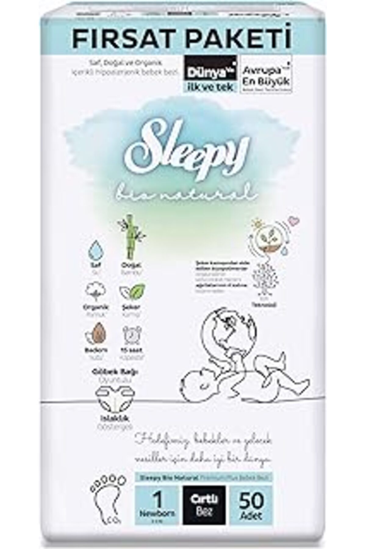 Mu Art Bio Natural Fırsat Paketi Bebek Bezi 1 Numara Newborn 50 Adet Cırtlı Bez