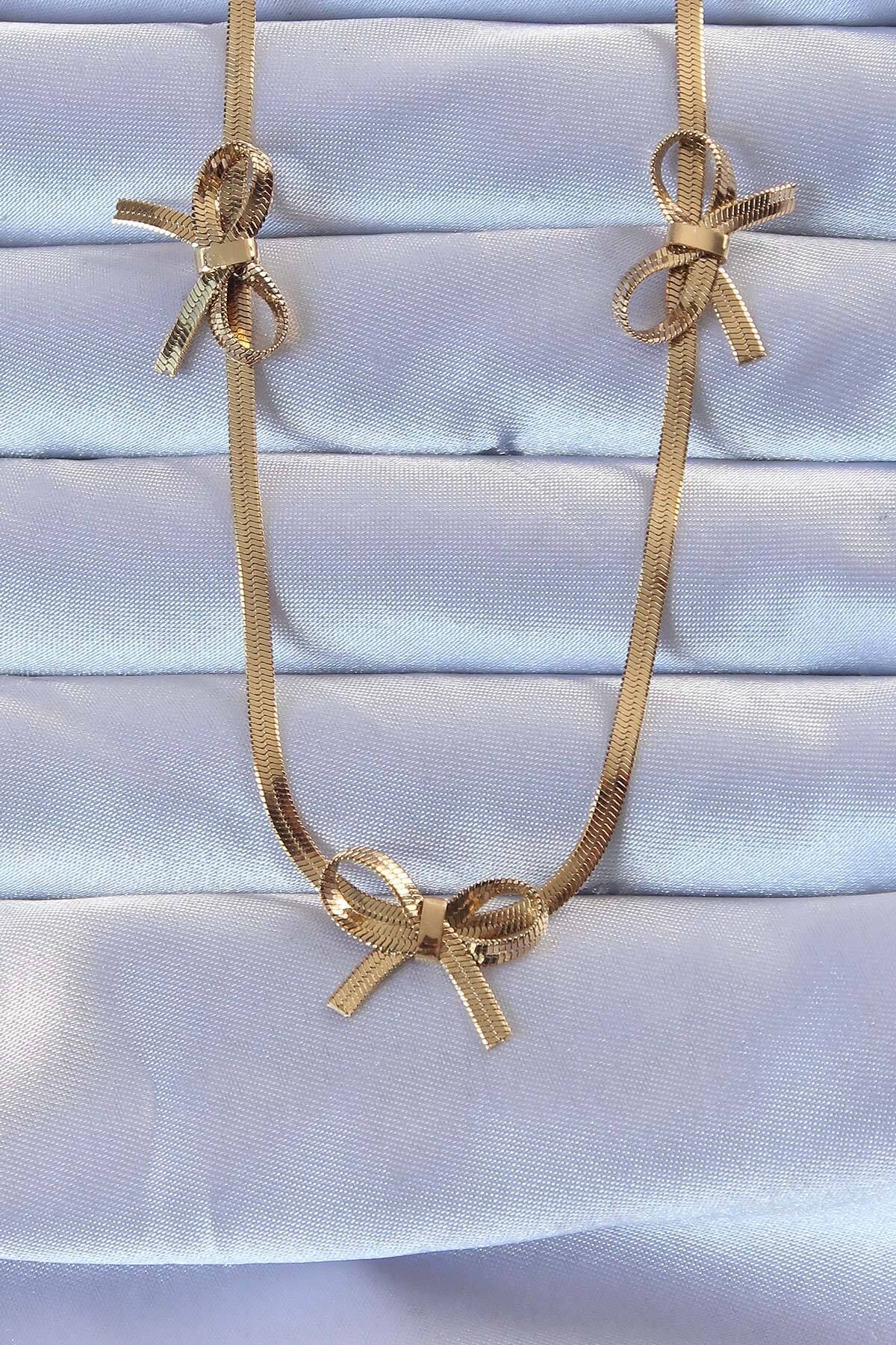MMB Boutique 316L Çelik Altın Renk İtalyan Zincirli Fiyonk Kolye