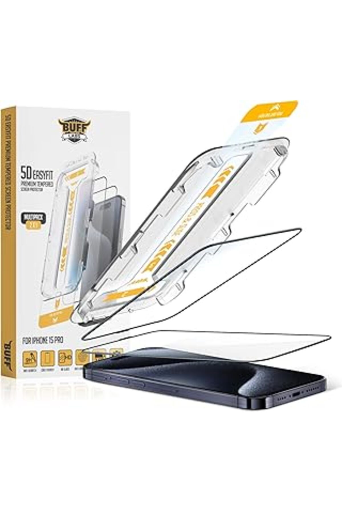 Pazarcan Buff, Iphone 15 Serisi Ile Uyumlu 5D Easyfit 2 Adet Kolay Uygulama Aparatlı Ekran Koruyucu Temperli