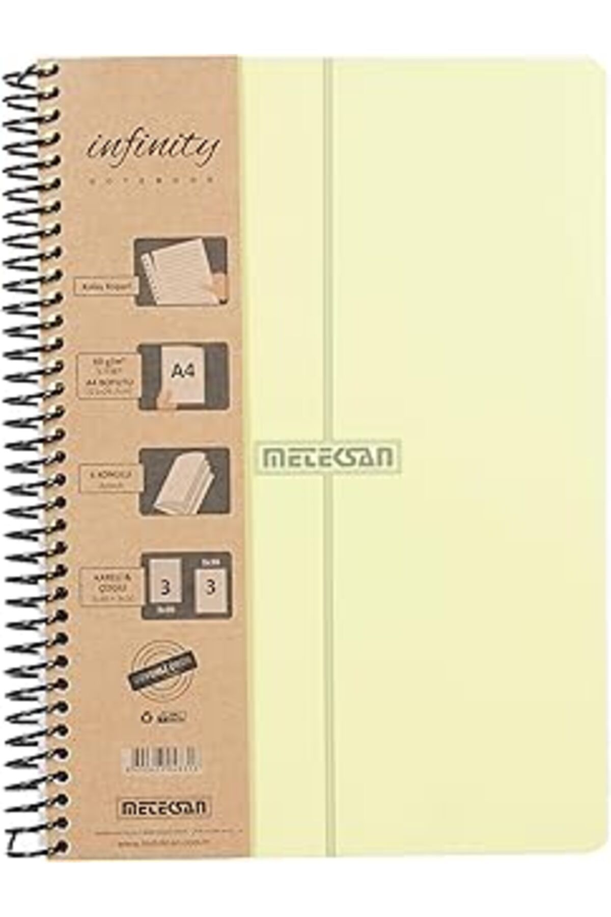 NZM TİCARET Meteksan Infinity Pastel Serisi, A4, 6 Konulu (3 Kareli, 3 Çizgili) 180 Yaprak Pp Kapaklı Spiralli