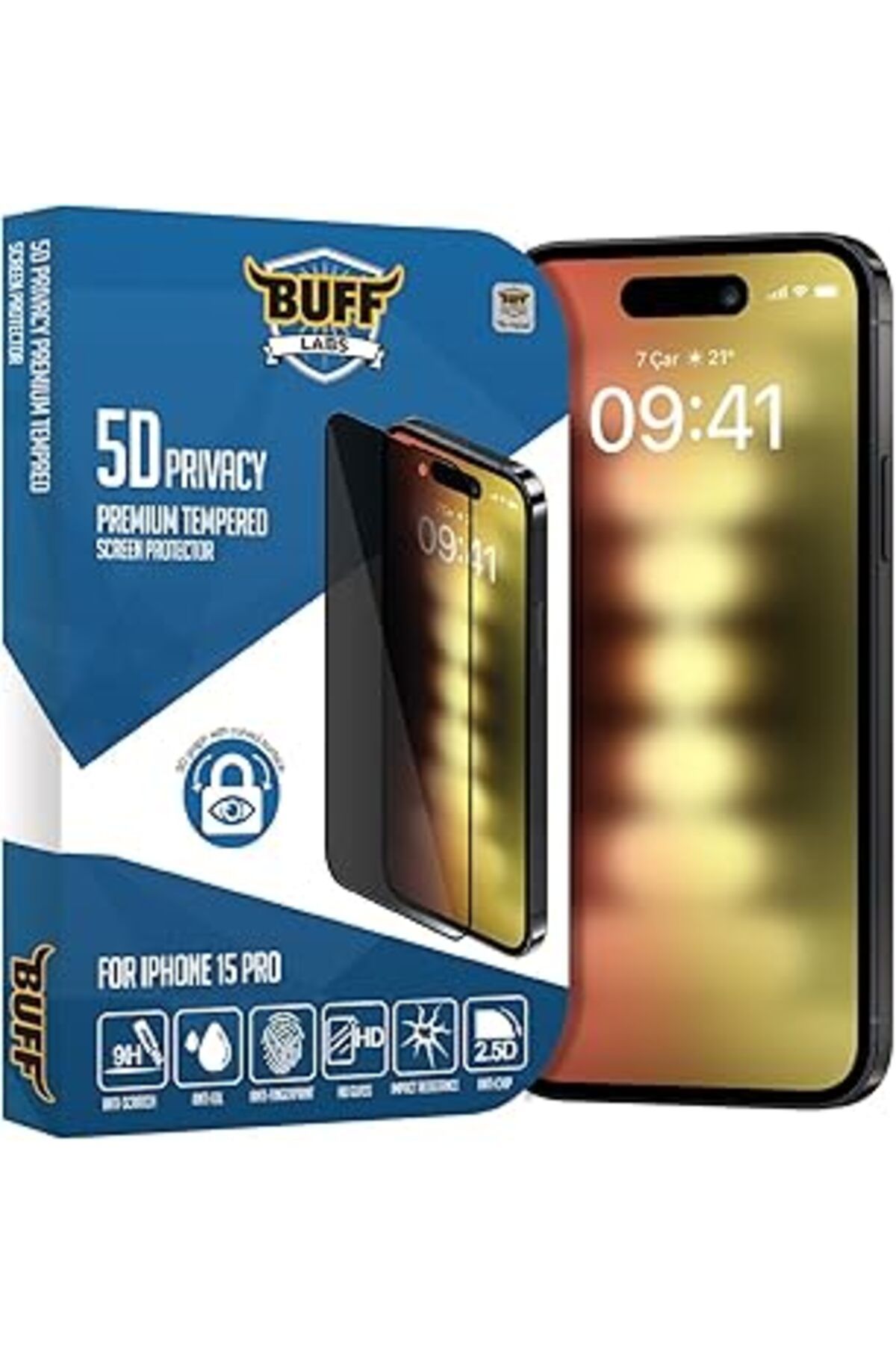 Pazarcan Buff, Iphone 15 Pro Ile Uyumlu 5D Privacy Hayalet Ekran Koruyucu, Bf2252, Siyah