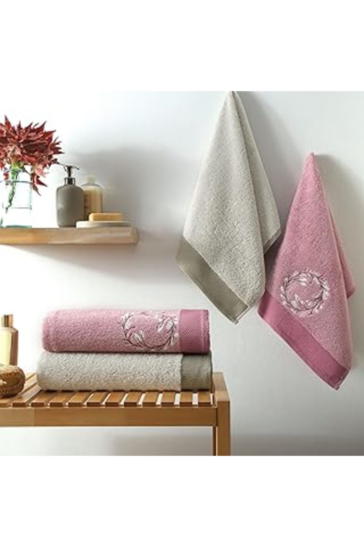 NZM TİCARET Taç Lei Desenli%100 Pamuk Hamam Seti, Rose, 2 Adet 70X150 Cm Havlu, 2 Adet 50X90 Cm Havlu