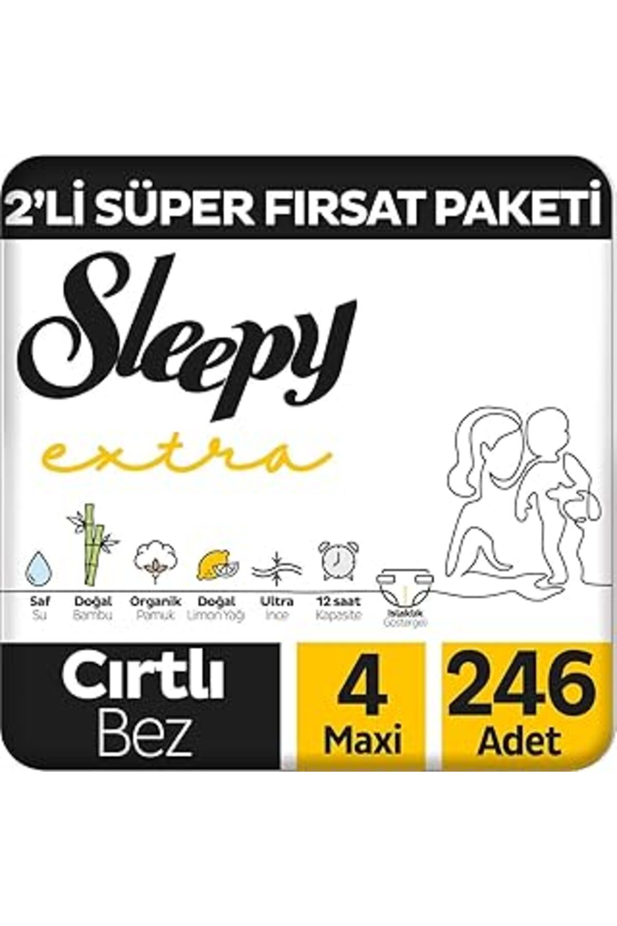 Mu Art Ahşap Sleepy Extra Günlük Aktivite 2'li Fırsat Paketi Bebek Bezi 4 Numara Maxi 246 Adet