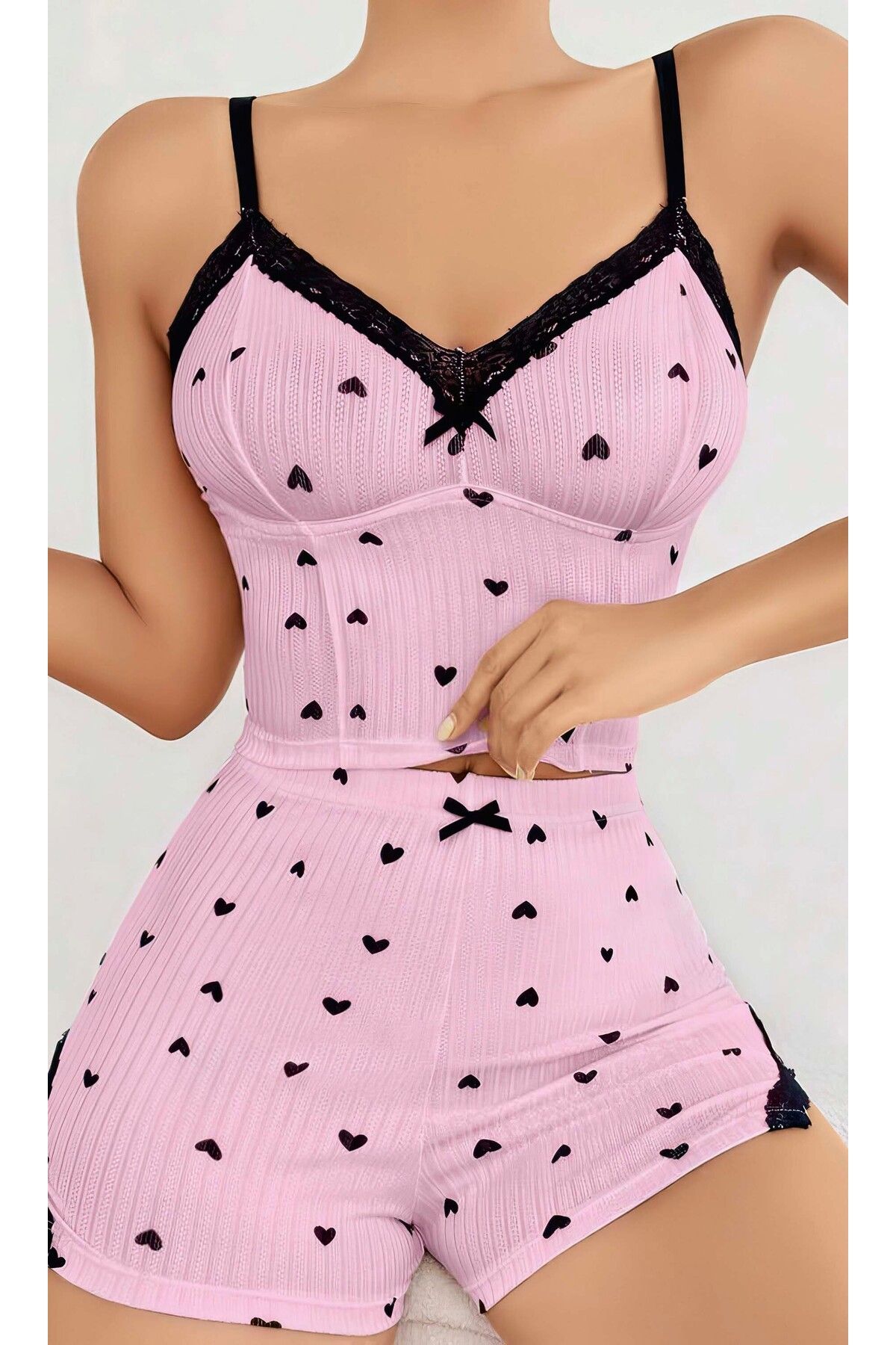 Mulvix Mulvxbrf Brf02 Kadın Pembe Kalp Desenli Askılı Şortlu Pijama Takım (Mulvix)