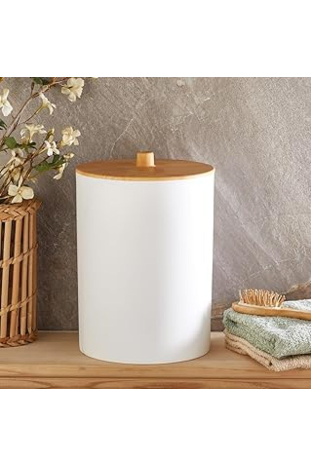 Mu Art Coverest Bambu Görünümlü Ahşap Desen Çöp Kovası (BANYO - MUTFAK - TUVALET - BALKON) (beyaz, 6 Litr