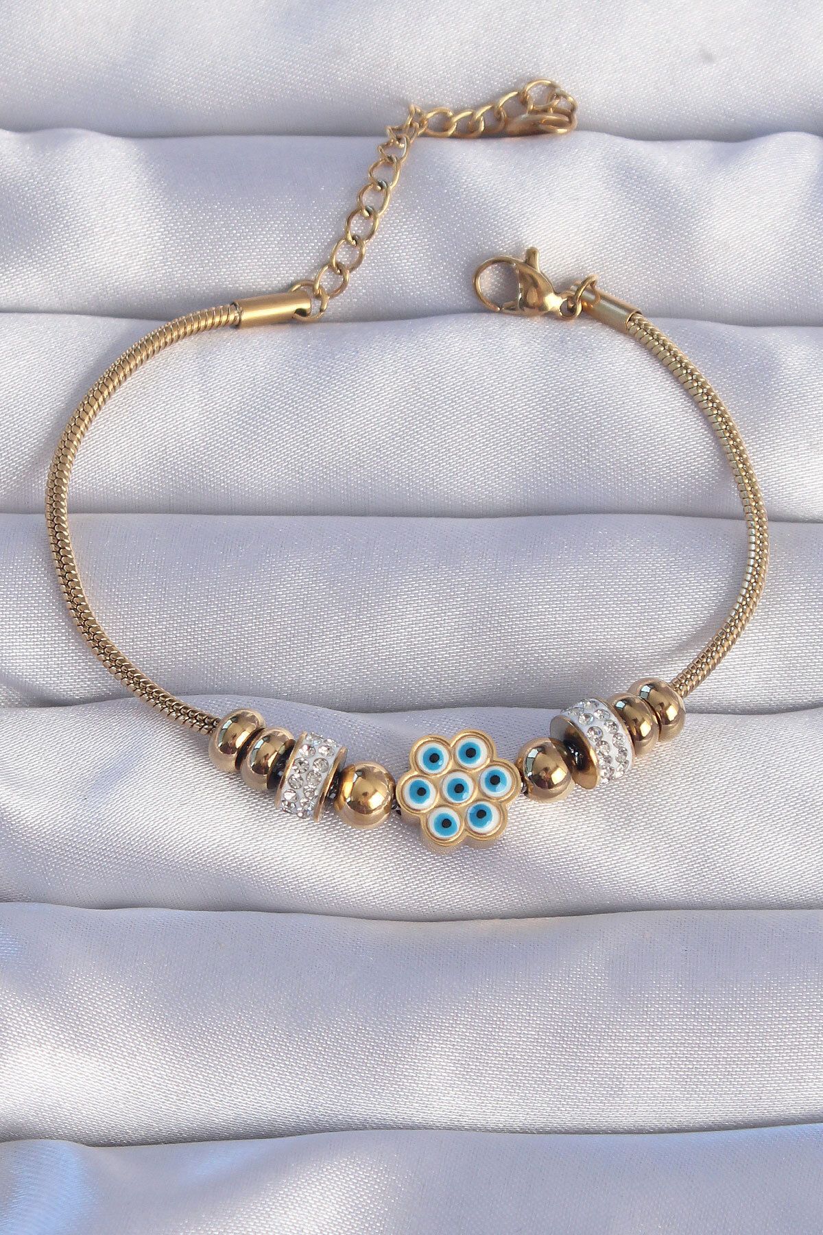MMB Boutique 316L Çelik Gold Renk Zirkon Taşlı Nazarlı Çiçek Tasarımlı Bileklik