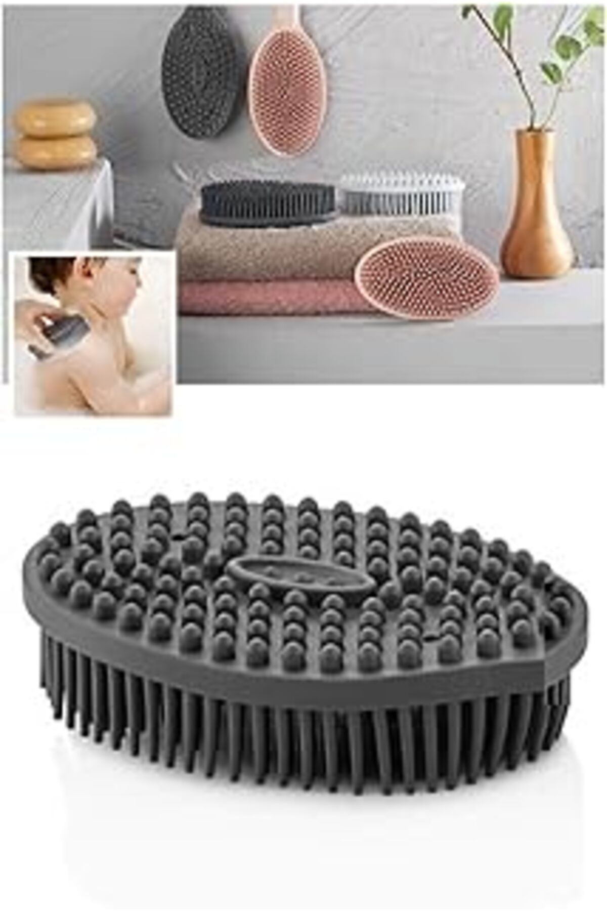 Mu Art Vücut Masaj Fırçası, Çift Taraflı Sırt Kese Banyo Duş Bebek Duş Fırça Masaj Yumuşak Fırça Antrasit