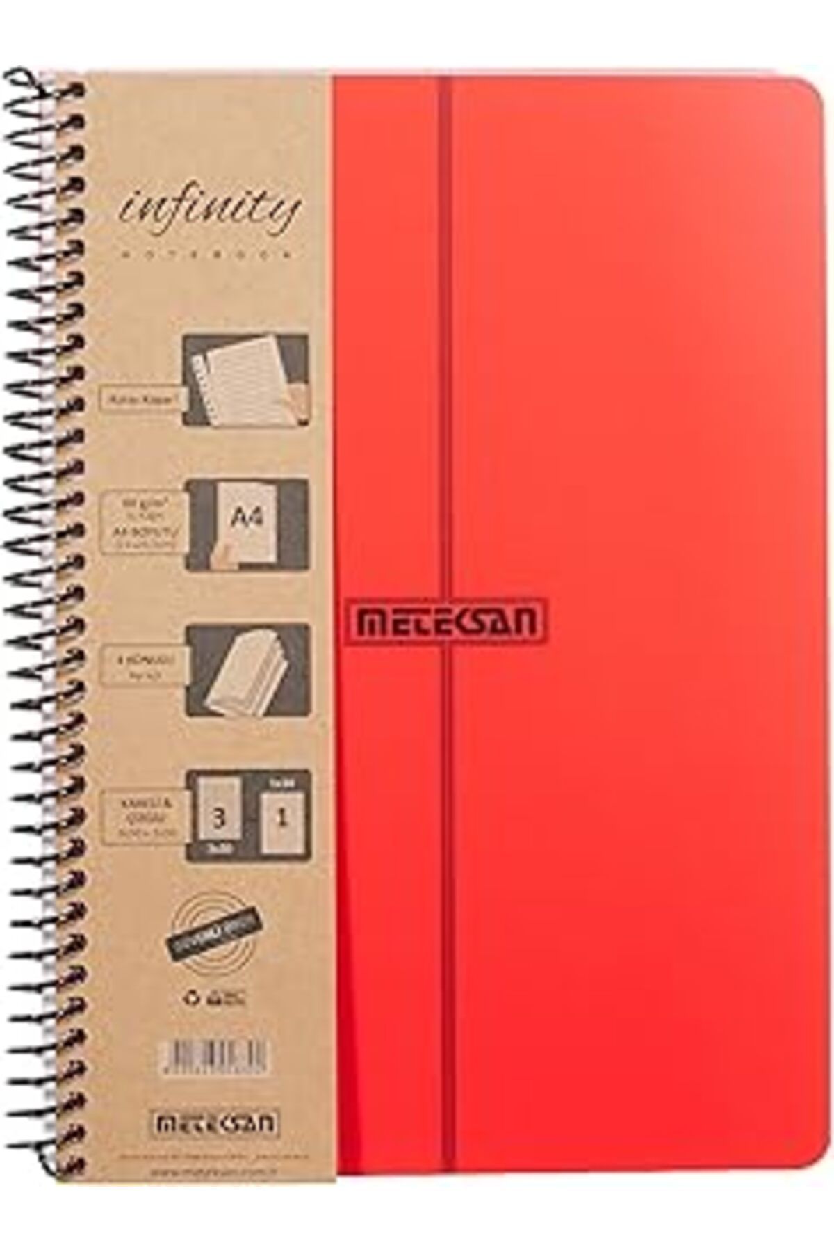NZM TİCARET Meteksan Infinity Primary Serisi, A4, 4 Konulu (3 Kareli, 1 Çizgili) 120 Yaprak Pp Kapaklı Spiralli