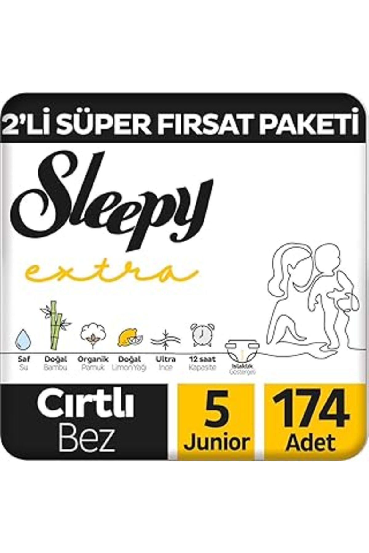 Mu Art Ahşap Sleepy Extra Günlük Aktivite 2'li Fırsat Paketi Bebek Bezi 5 Numara Junior 174 Adet