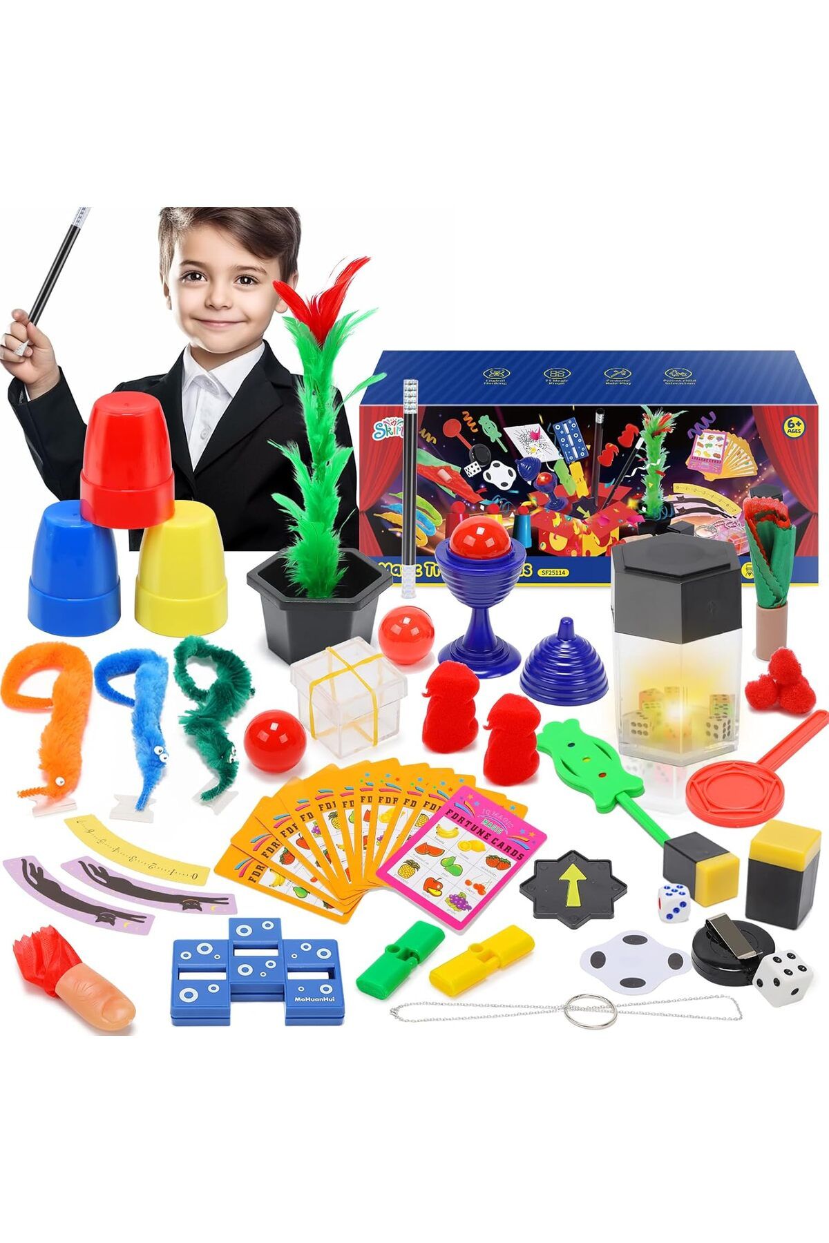 robotrend Sihirbazlık Seti - İllüzyon Oyunları Full Set -Kupa-Çoğalan Zar-Baston-Tobala-Çiçek-5 Parça