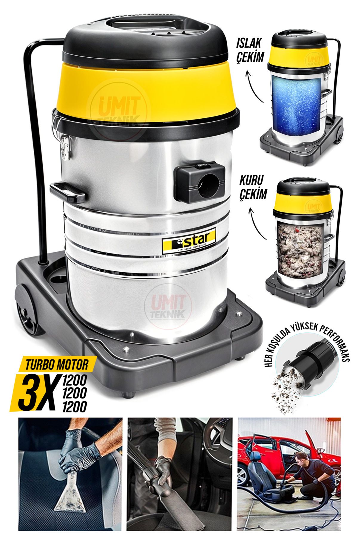 PROXCLEAN Profesyonel Endüstriyel 3 Motorlu 3600W Islak -Kuru Krom Kazanlı Süpürge