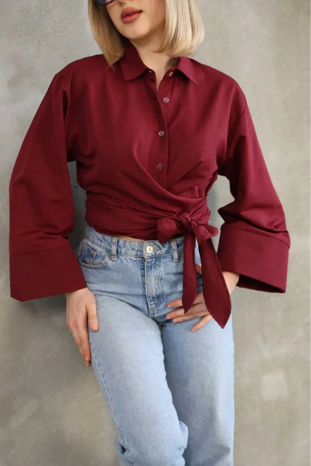 bm bessomoda fashion boutique İspanyol Kol Bağlamalı Beli Kuşaklı Gömlek