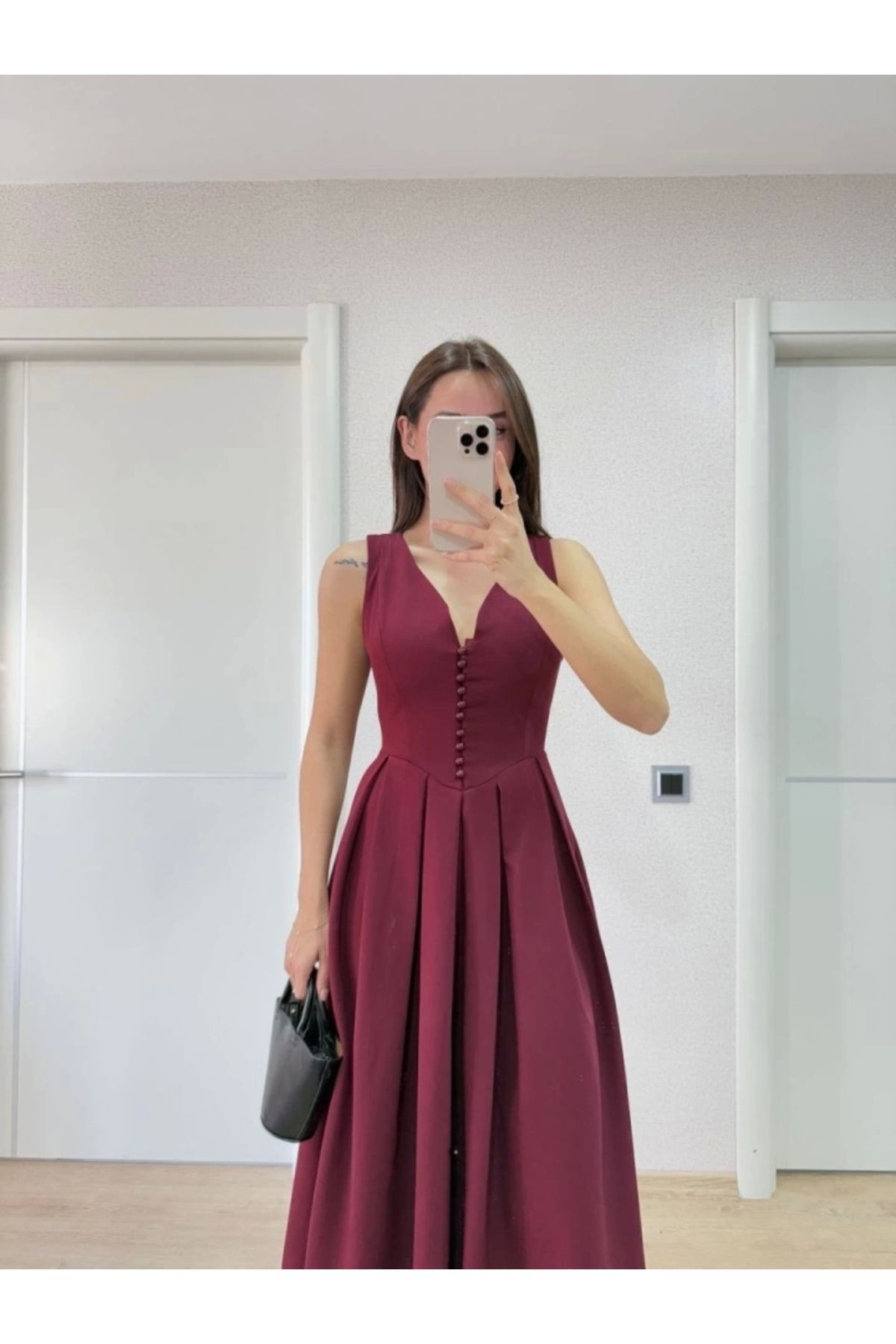 Butik V Yaka Uzun Kolsuz Elbise- Bordo