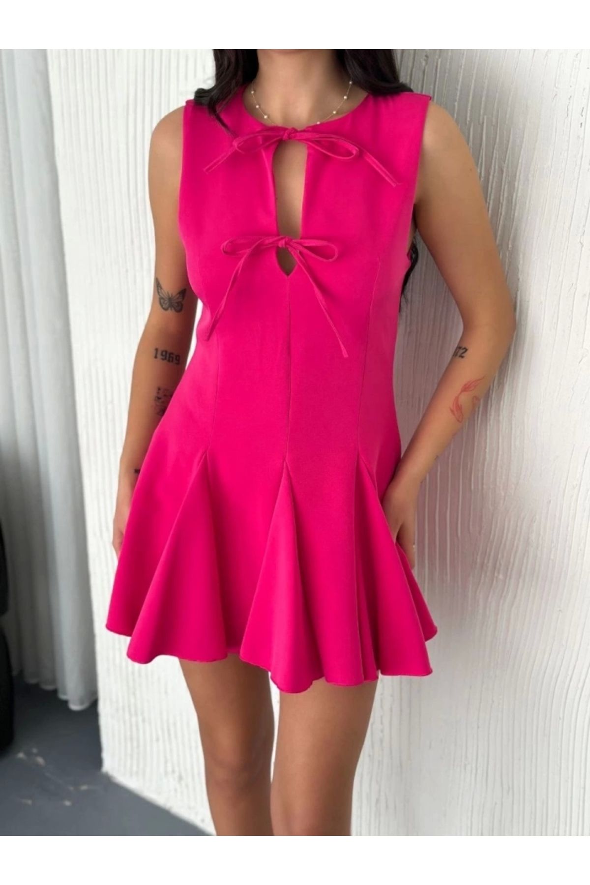 nedo7 Göğüs Bağlamalı Kolsuz Mini Boy Elbise - Pembe