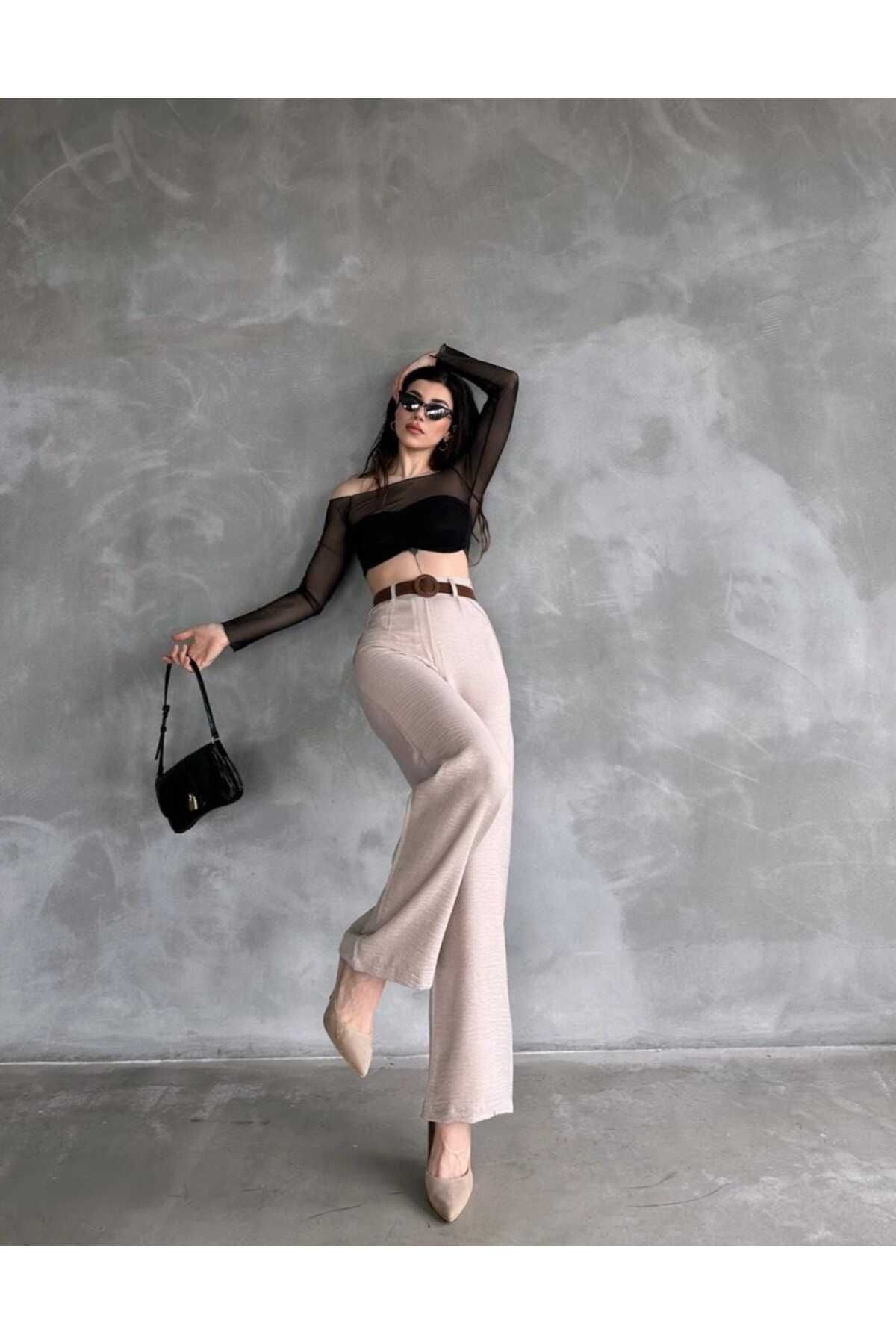 zienna Beli Kemerli Keten Pantolon