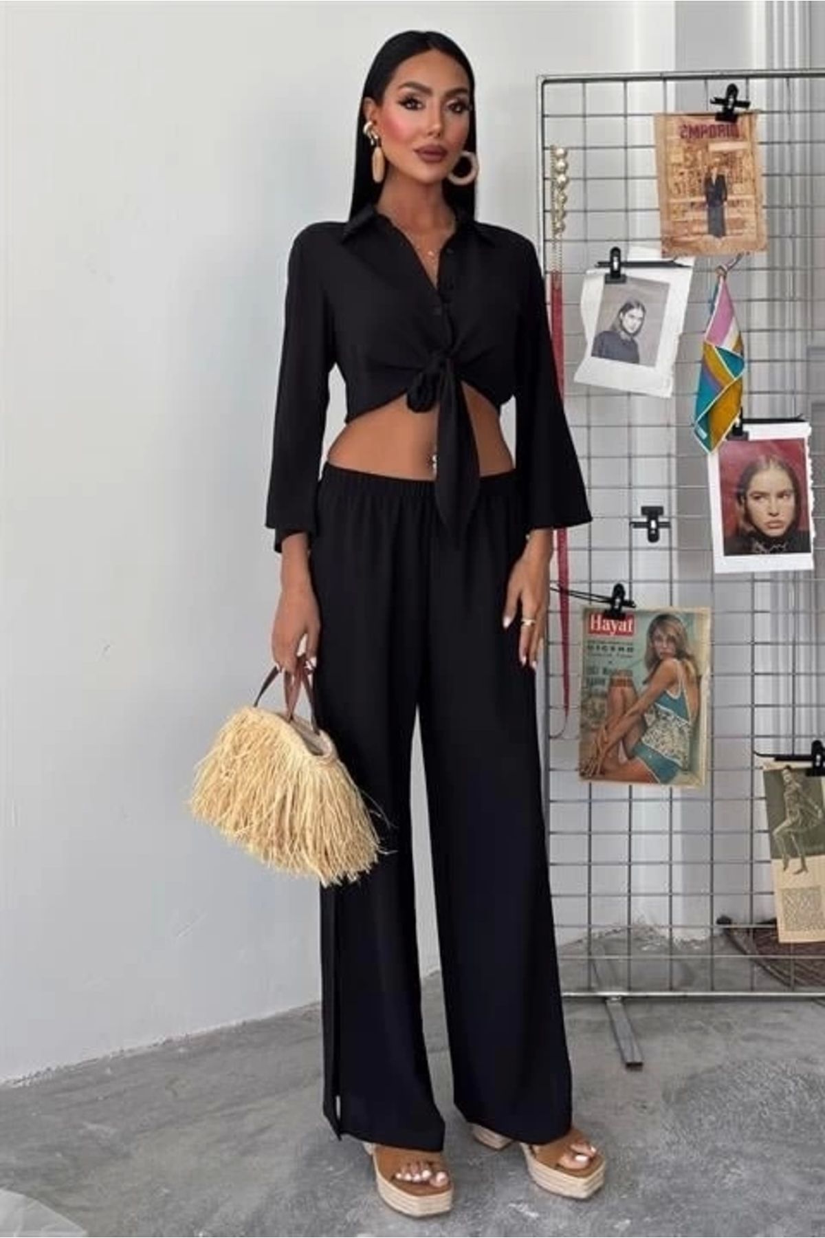 Butik Bağlamalı Gömlek Ve Yırtmaç Pantolonlu Ayrobin Takım 10179