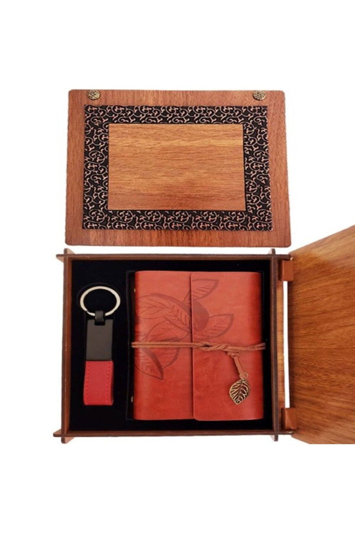 Shop58 Dekoratif Ahşap Kutulu Kahverengi Deri Defter Ve Anahtarlık Set