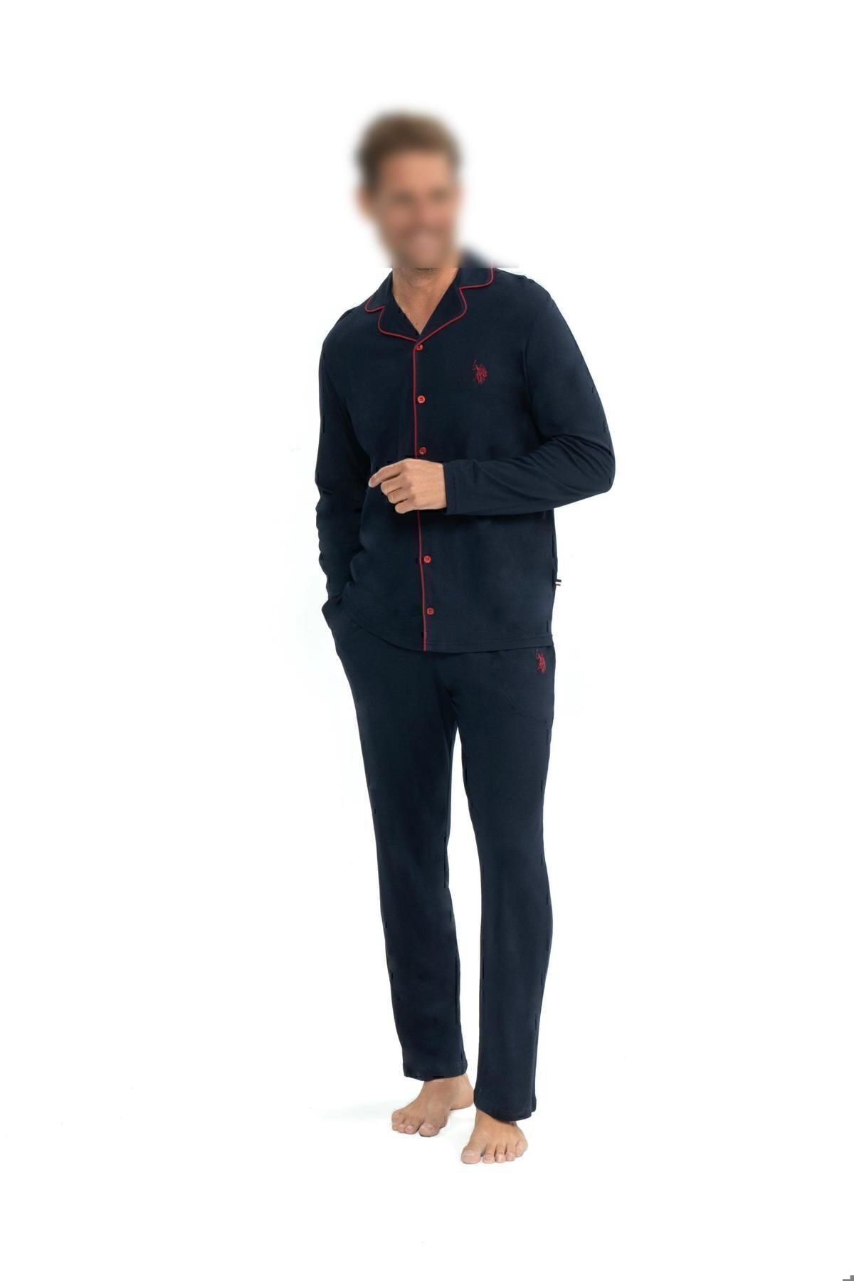 U.S. Polo Assn. Erkek Lacivert Renkli Pijama Takımı Boydan Patlı Kutulu - Lacivert - ARASS12J03W9-JLA