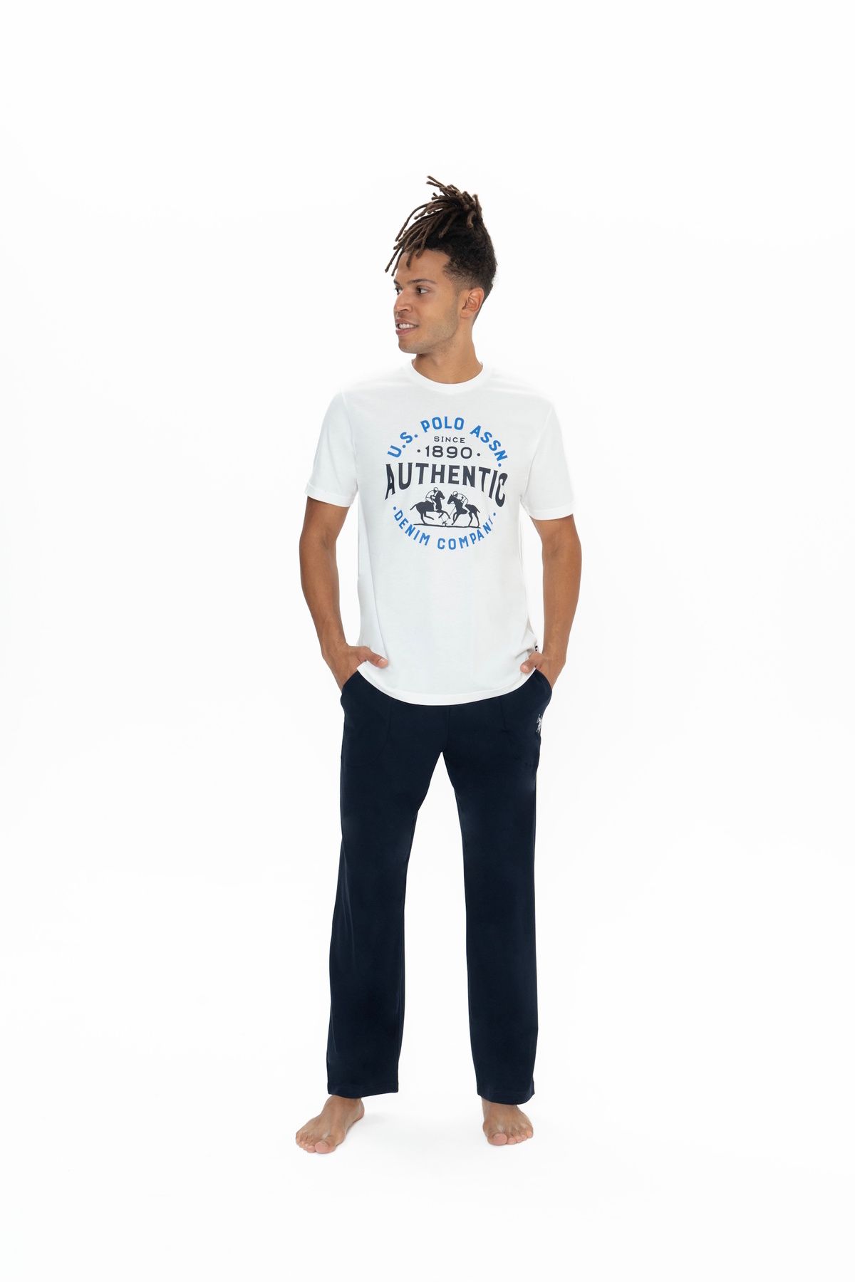 U.S. Polo Assn. U.S. Polo Assn. Erkek Düz Paça Ekru %100 Pamuk Pijama Takımı - ARASS18W90W0W