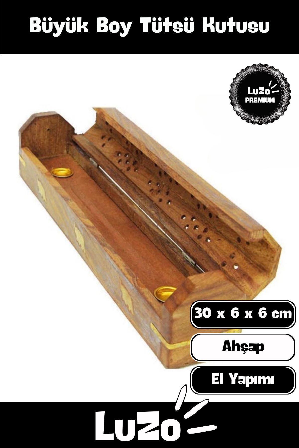 LuZo Premium Seri El Yapımı Ahşap Dekoratif Taşınabilir Desenli Hazneli Büyük Tütsü Kutusu 30 x 6 x 6 cm
