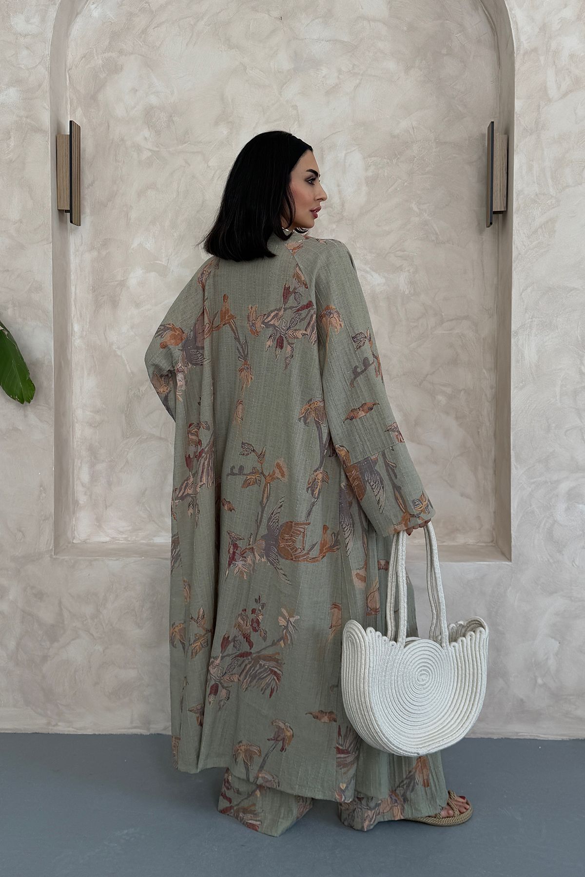 Ortaya Çık-Khaki Floral Long Bottom Top Kimono Set 3