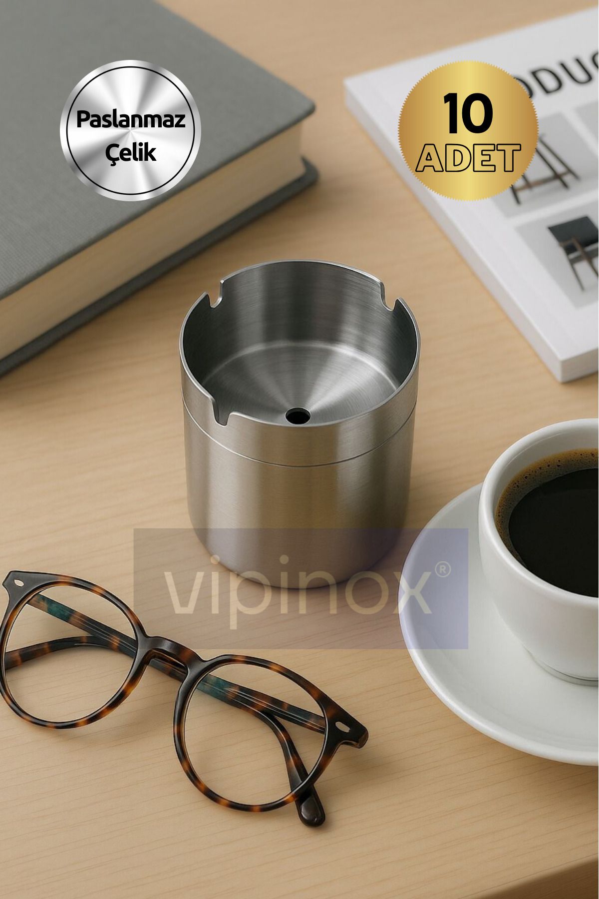 Vipinox 10 Adet Paslanmaz Çelik Kapaklı Premium Kokusuz Küllük Otel Kafe Restoran Kül Tablası 120 gr