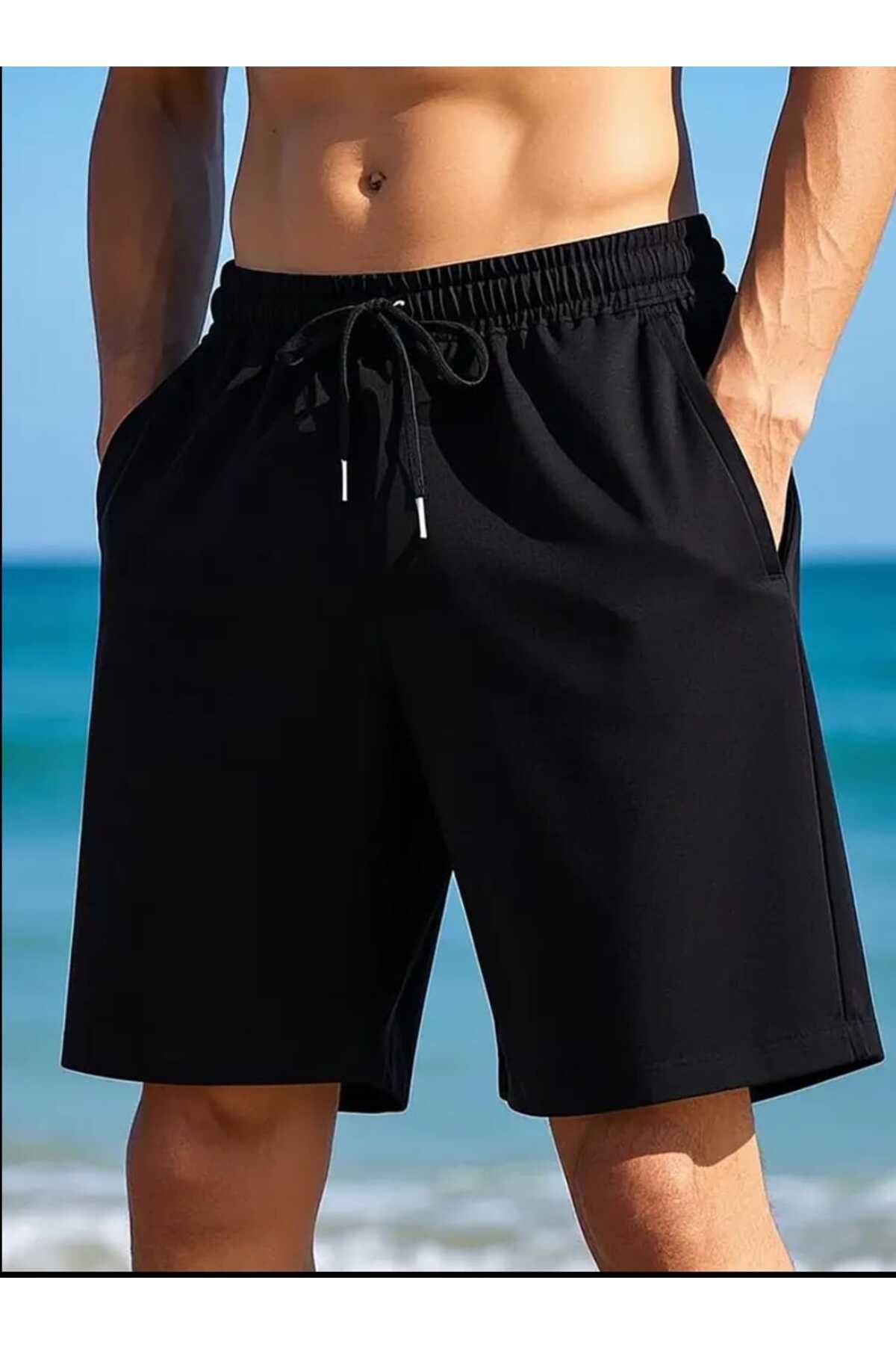 JustBS Erkek Regular Fit Orta Bel Siyah Şort