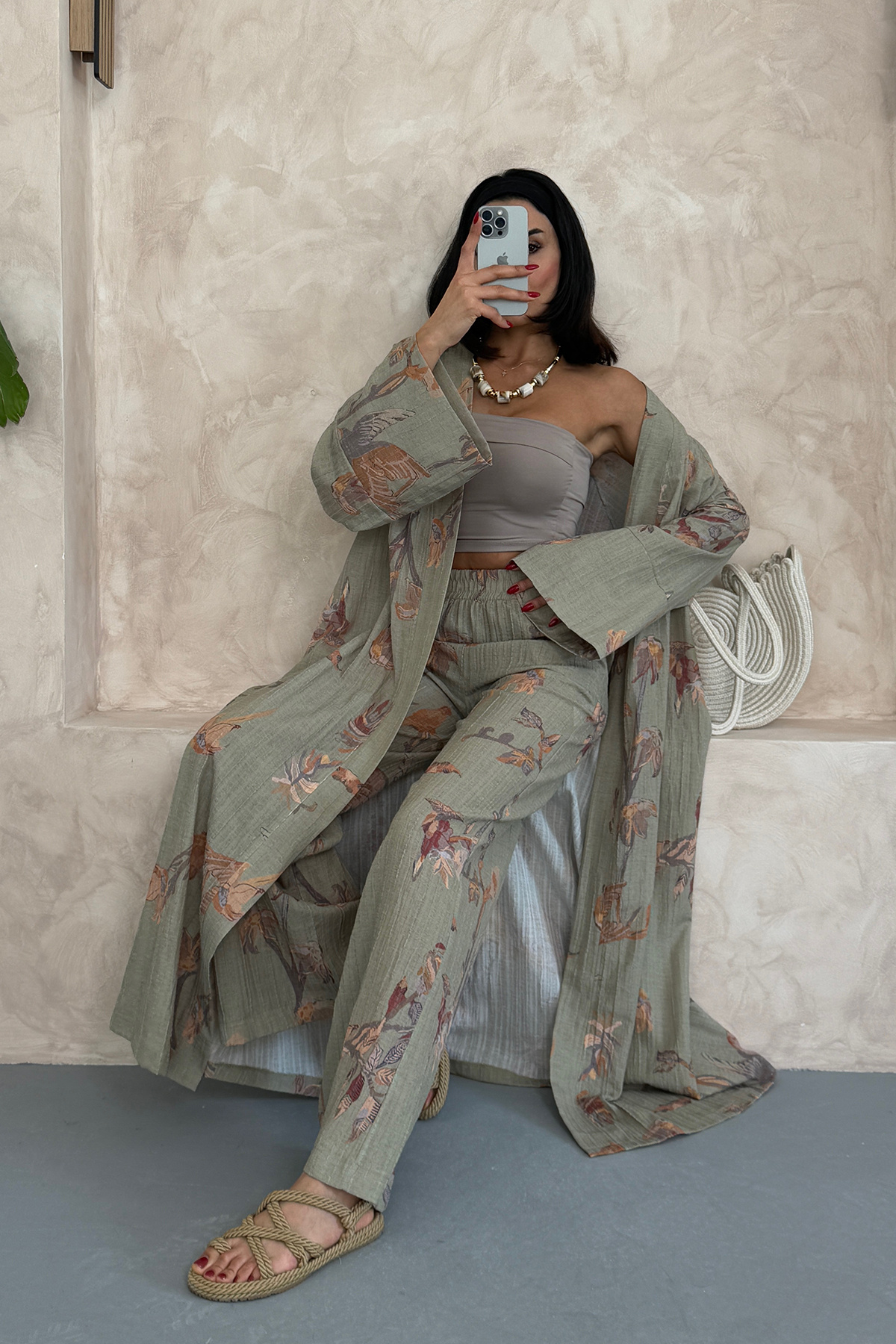 Ortaya Çık-Khaki Floral Long Bottom Top Kimono Set 7