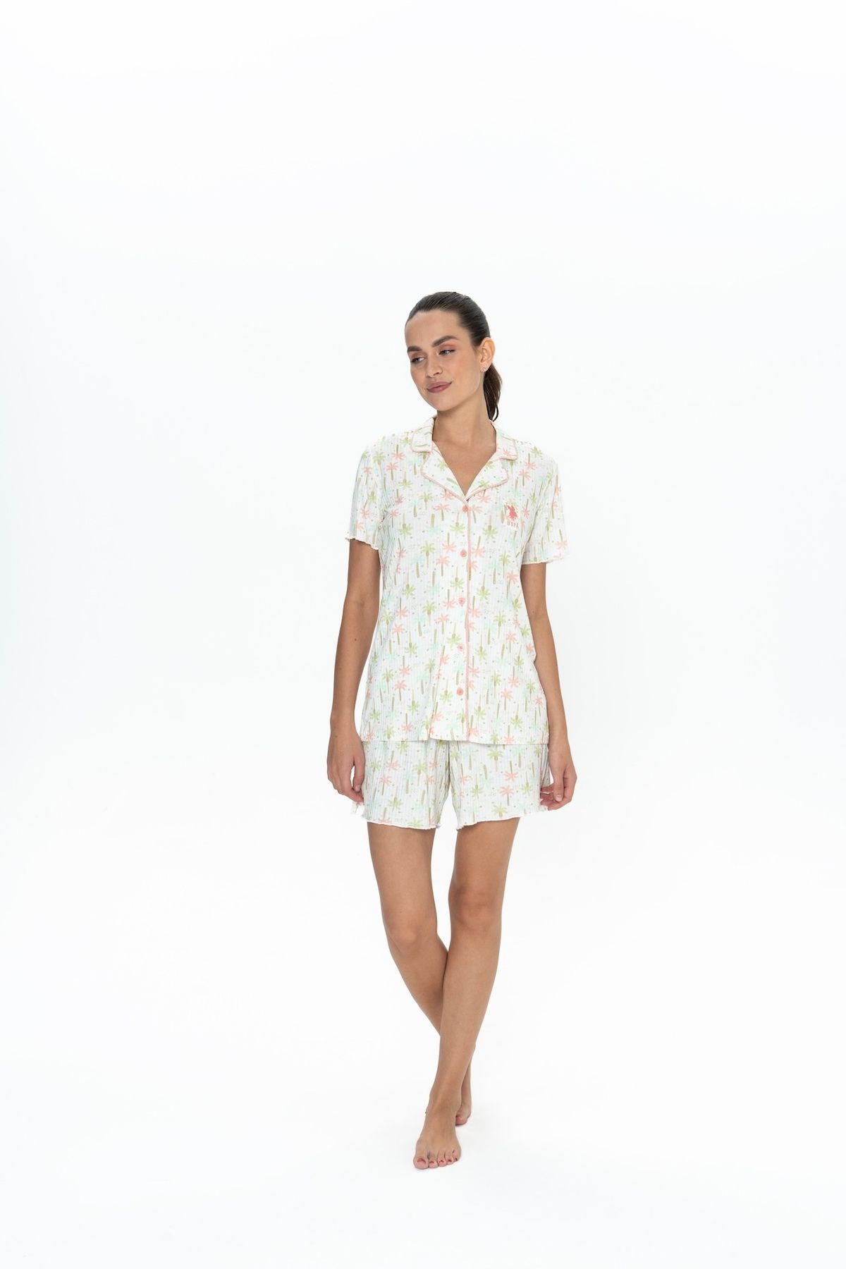 U.S. Polo Assn. U.S. Polo Assn. Kadın Ekru Patlı Palmiye Desen Şort-Gömlek Pijama Takımı - ARASS20W08W1W