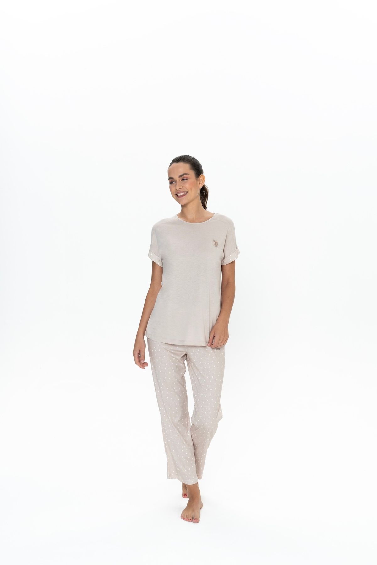 U.S. Polo Assn. U.S. Polo Assn. Kadın Bej Puantiyeli Pijama Takımı - ARASS20W05W2W