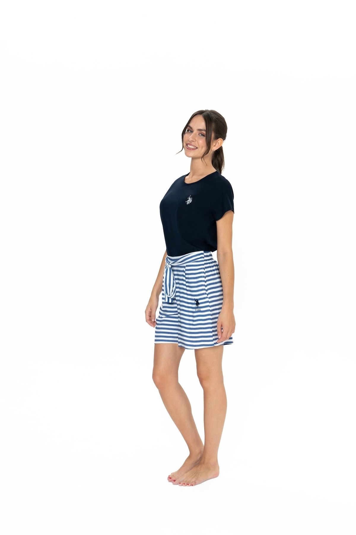 U.S. Polo Assn. U.S. Polo Assn. Kadın Lacivert Çizgili Şort-Tshirt Pijama Takımı - ARASS20W03W4W