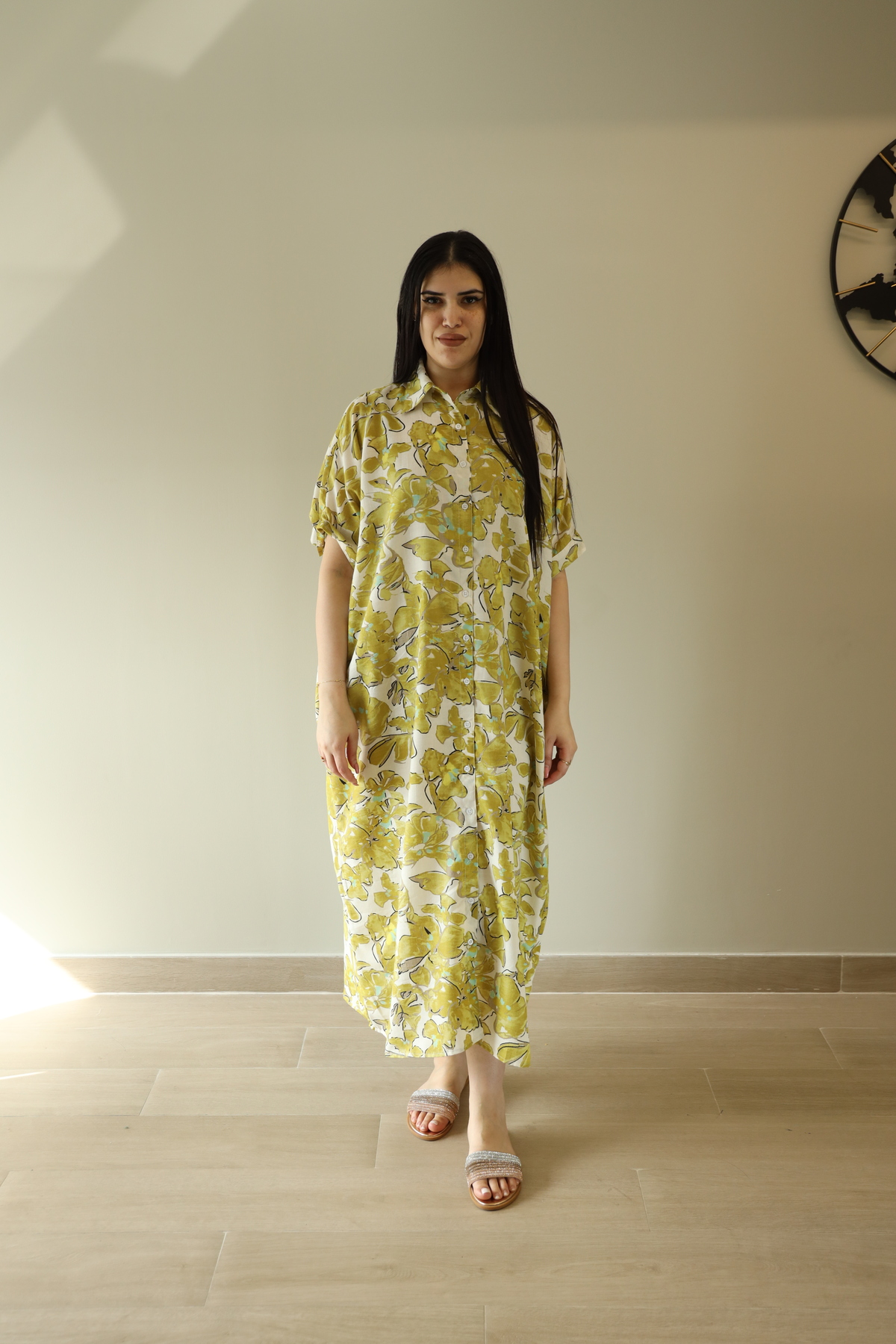 LINELLE Casual Dress – Printed Straight Cut Maxi Dresses Short Sleeves and Collar Neck