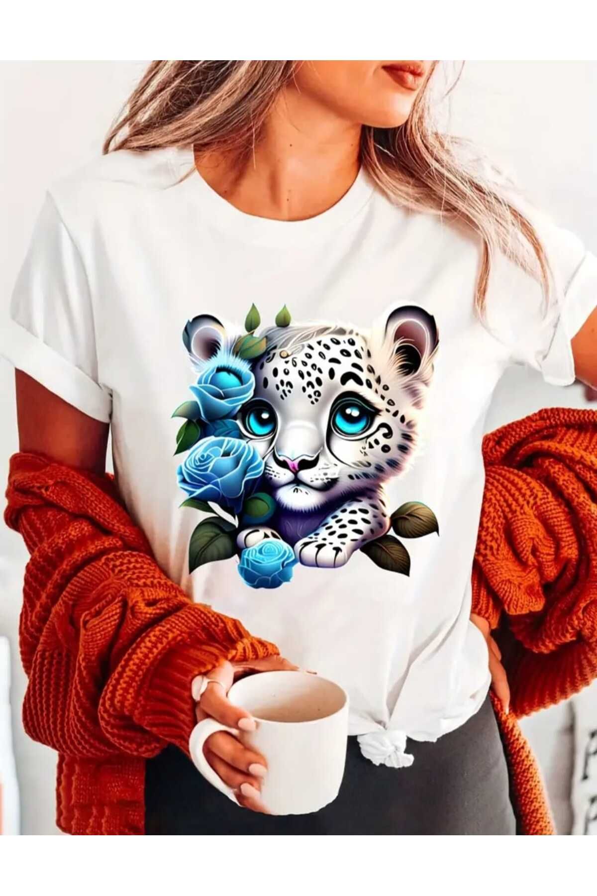 Panda Baskı Tekstil Mavi Kaplan Baskılı Özel Tasarım Oversize Tshirt