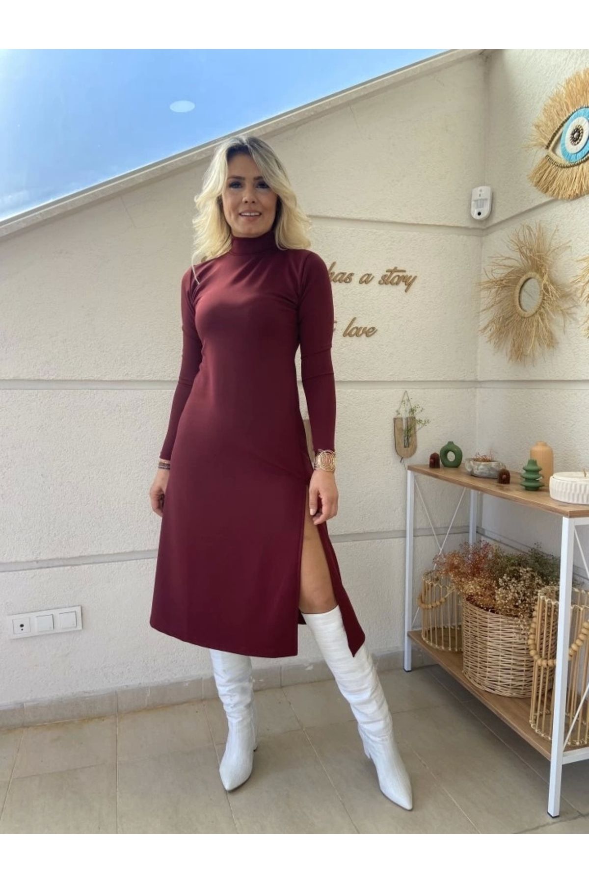 nedo7 Kadın Uzun Kollu Balıkçı Yaka Derin Yırtmaç Detay Krep Elbise