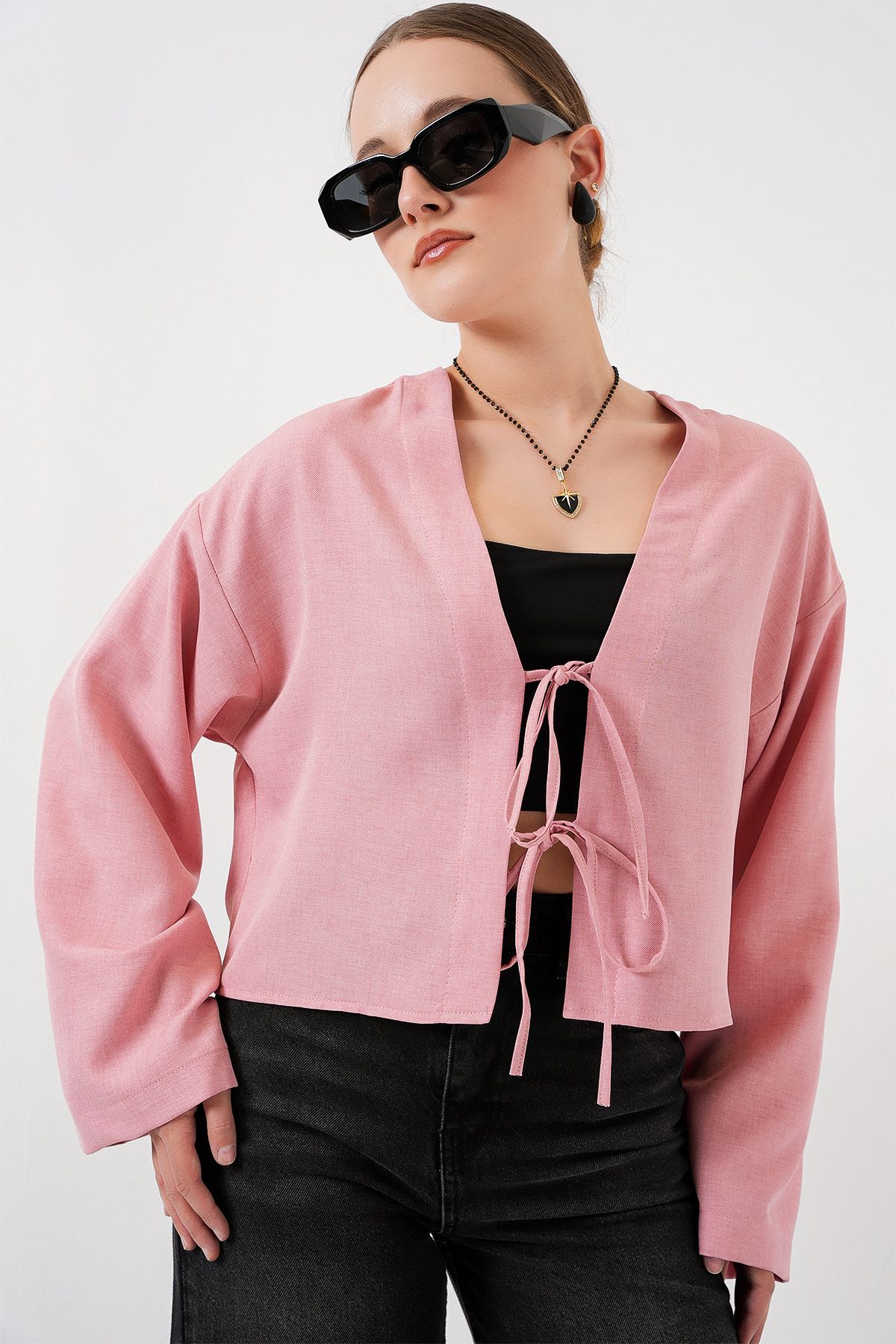 Bigdart-Tied Front Linen Kimono 960 - Powder 3