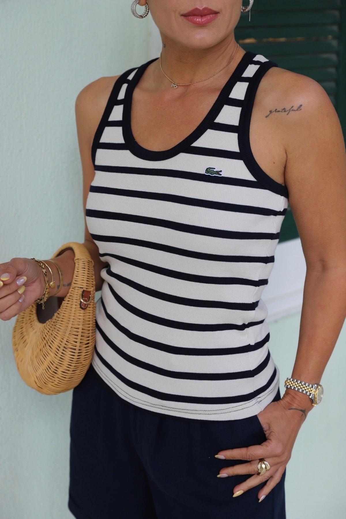 Purple by Banu-Navy Blue Embroidery Detail Striped U-Neck Undershirt 2