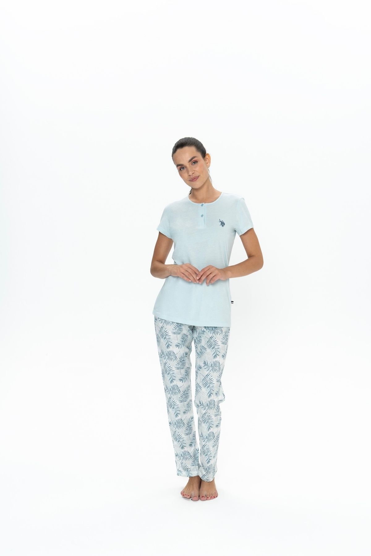 U.S. Polo Assn. U.S. Polo Assn. Kadın Mavi Yarım Patlı Yaka Battal Pijama Takımı - ARASS20J08W8-JB