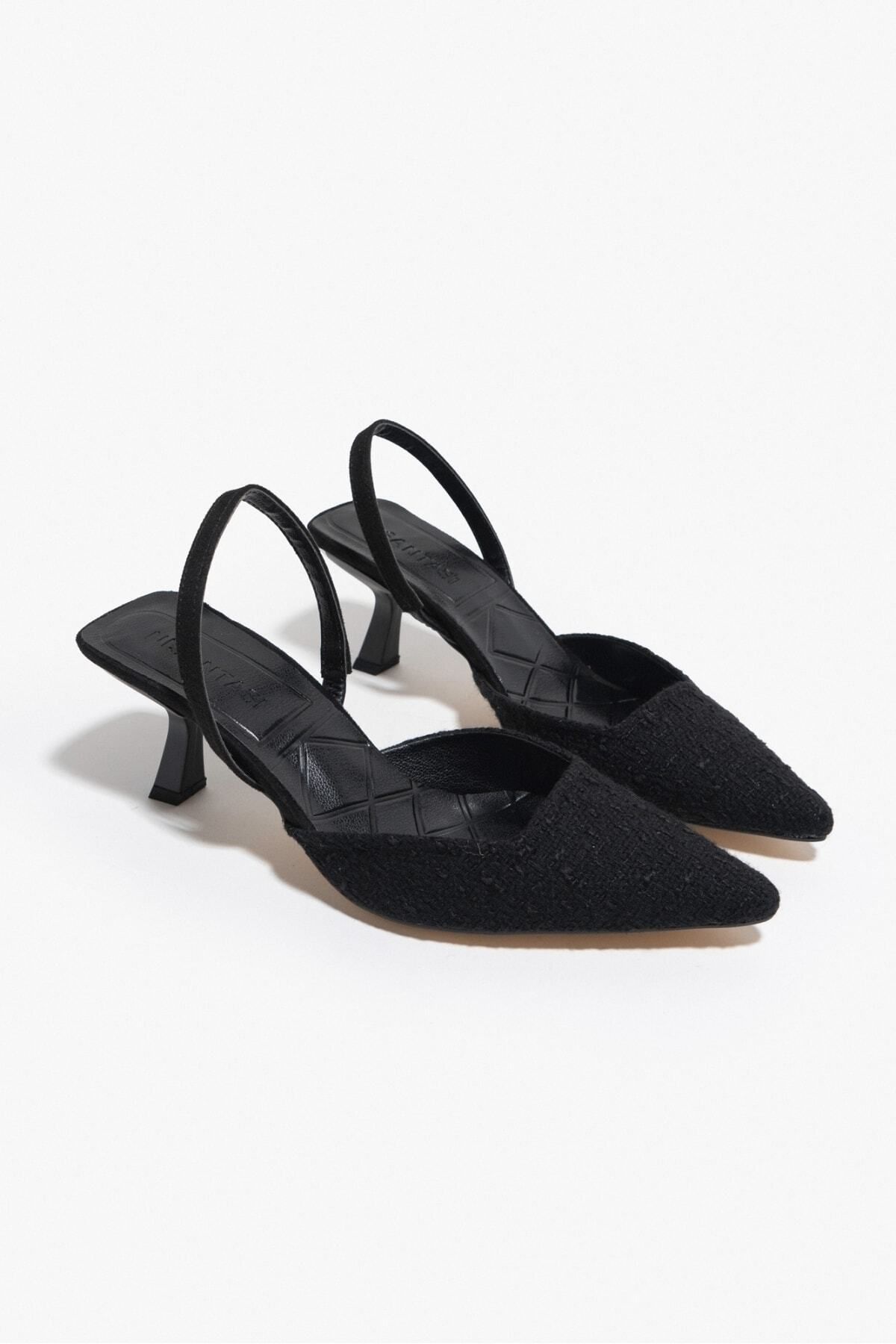 NİŞANTAŞI SHOES-Γυναικεία παπούτσια με τακούνι Ponnie Black Kilim με μύτη 6