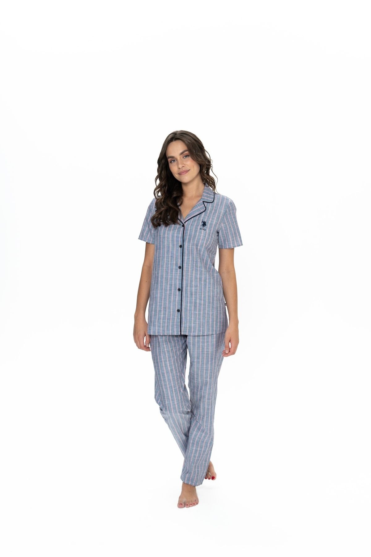 U.S. Polo Assn. U.S. Polo Assn. Kadın Lacivert Çizgili Boydan Patlı Pijama Takımı - ARASS20W09W0W