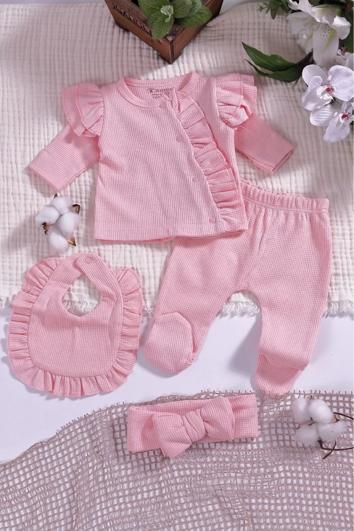 Shop58 Omuzdan Fırfır Detaylı 5 Parça %100 Pamuk Kız Hastane Çıkışı