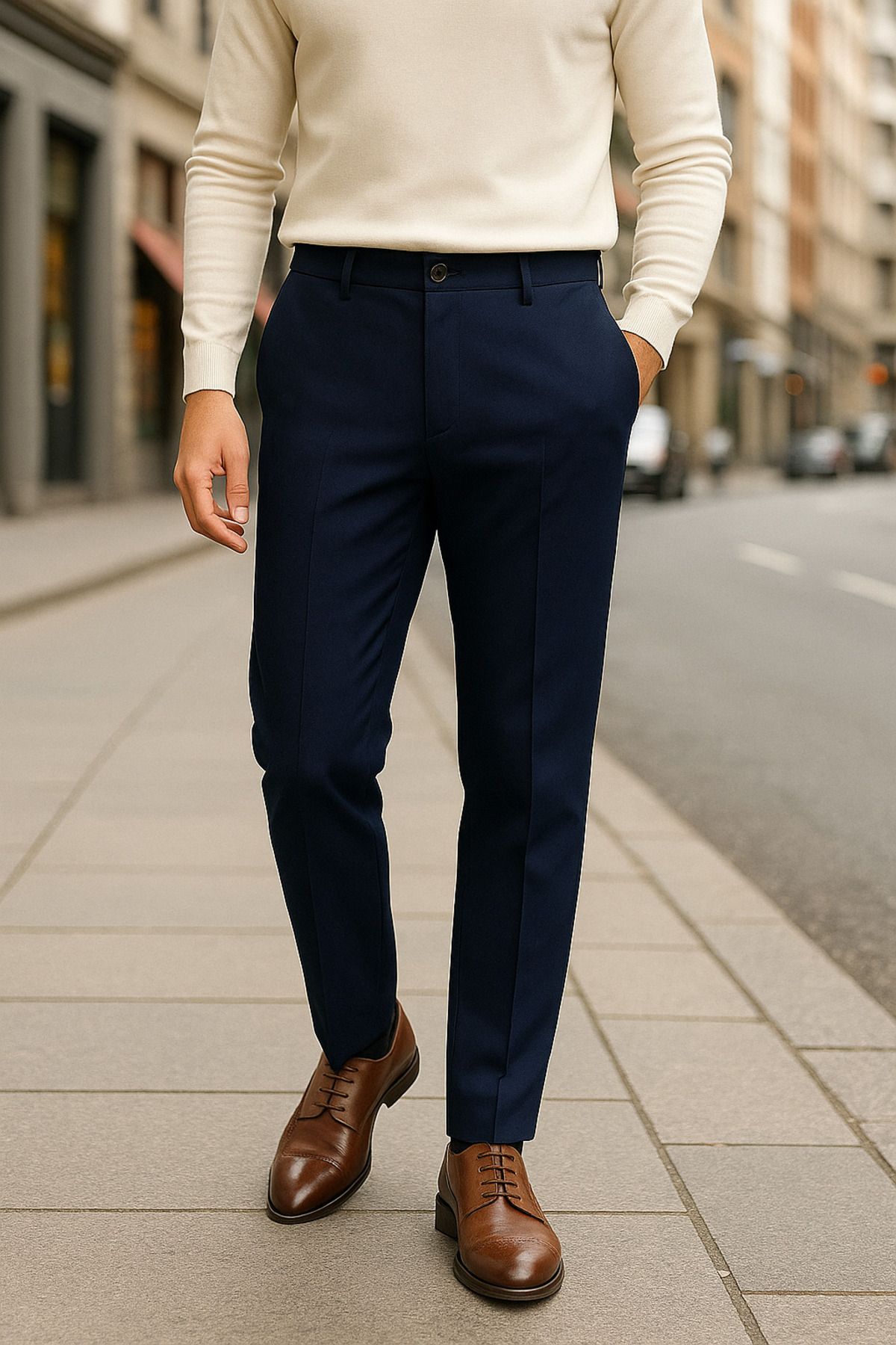 Tutals Erkek Lacivert Renk İtalyan Kesim Bilek Boy Slim Fit Rahat Kalıp Kumaş Pantolon