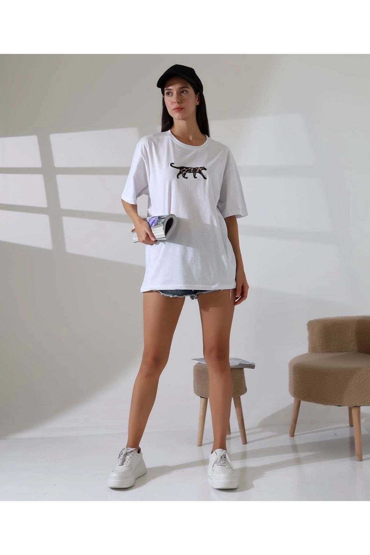 POLEXP Kaplan nakış işlemeli Oversize tişört