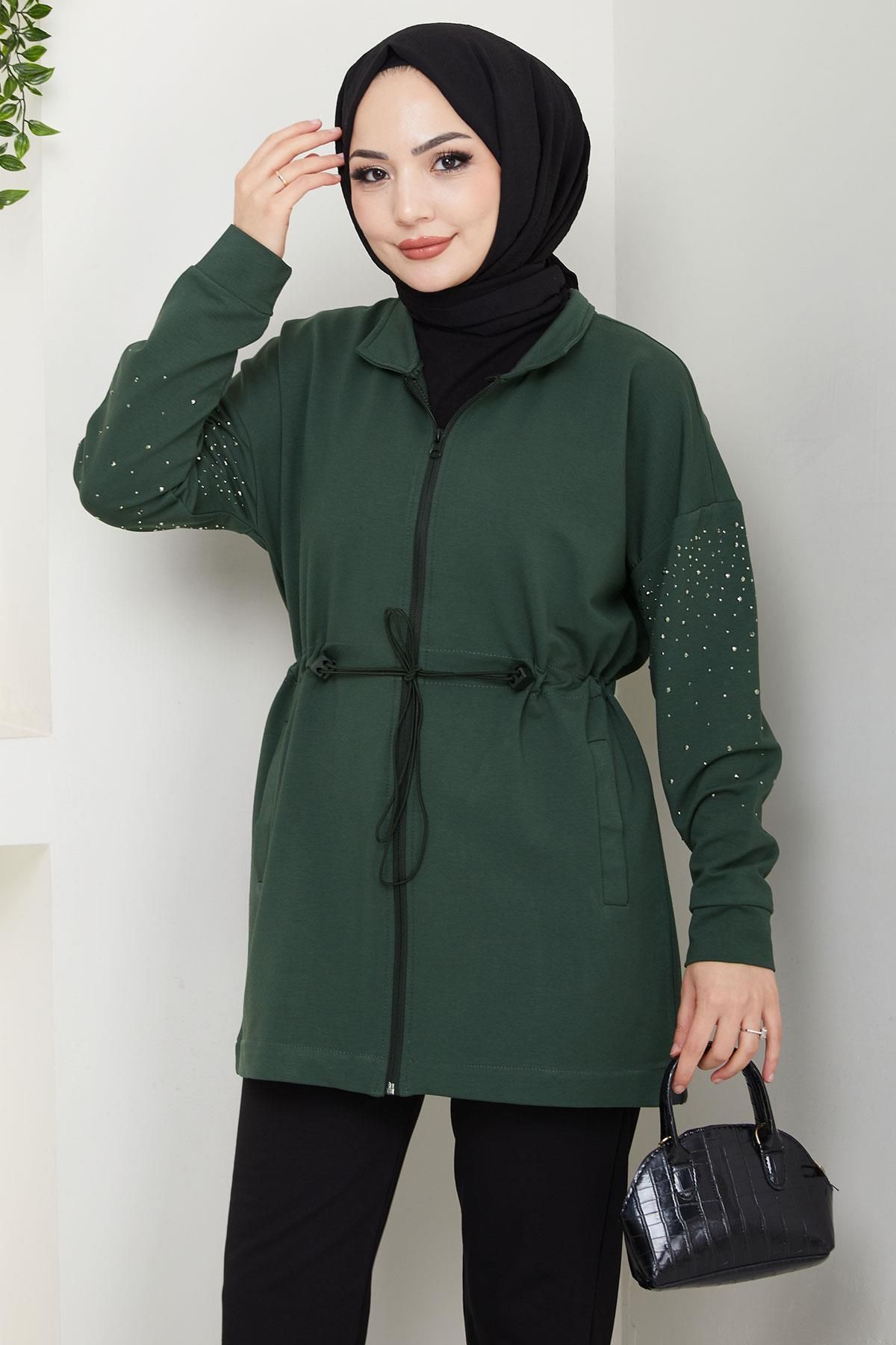 hafsamina Kolu Taşlı Beli Bağcıklı Takım Haki HM2718